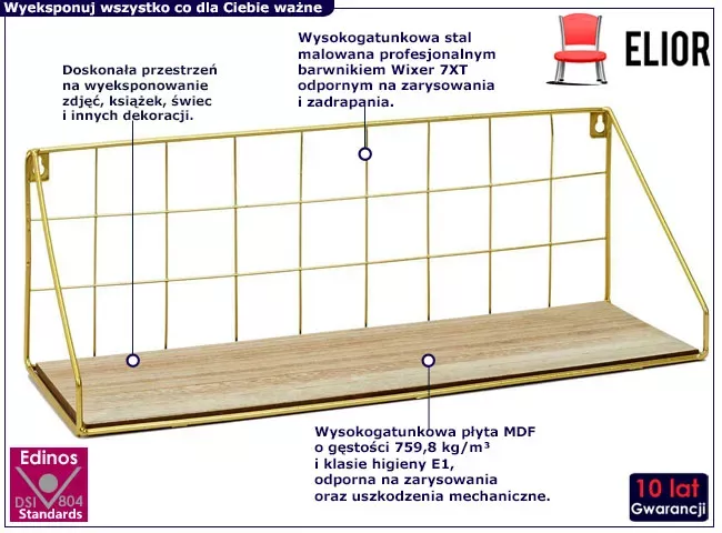 Złota metalowa półka ścienna na książki - Joren