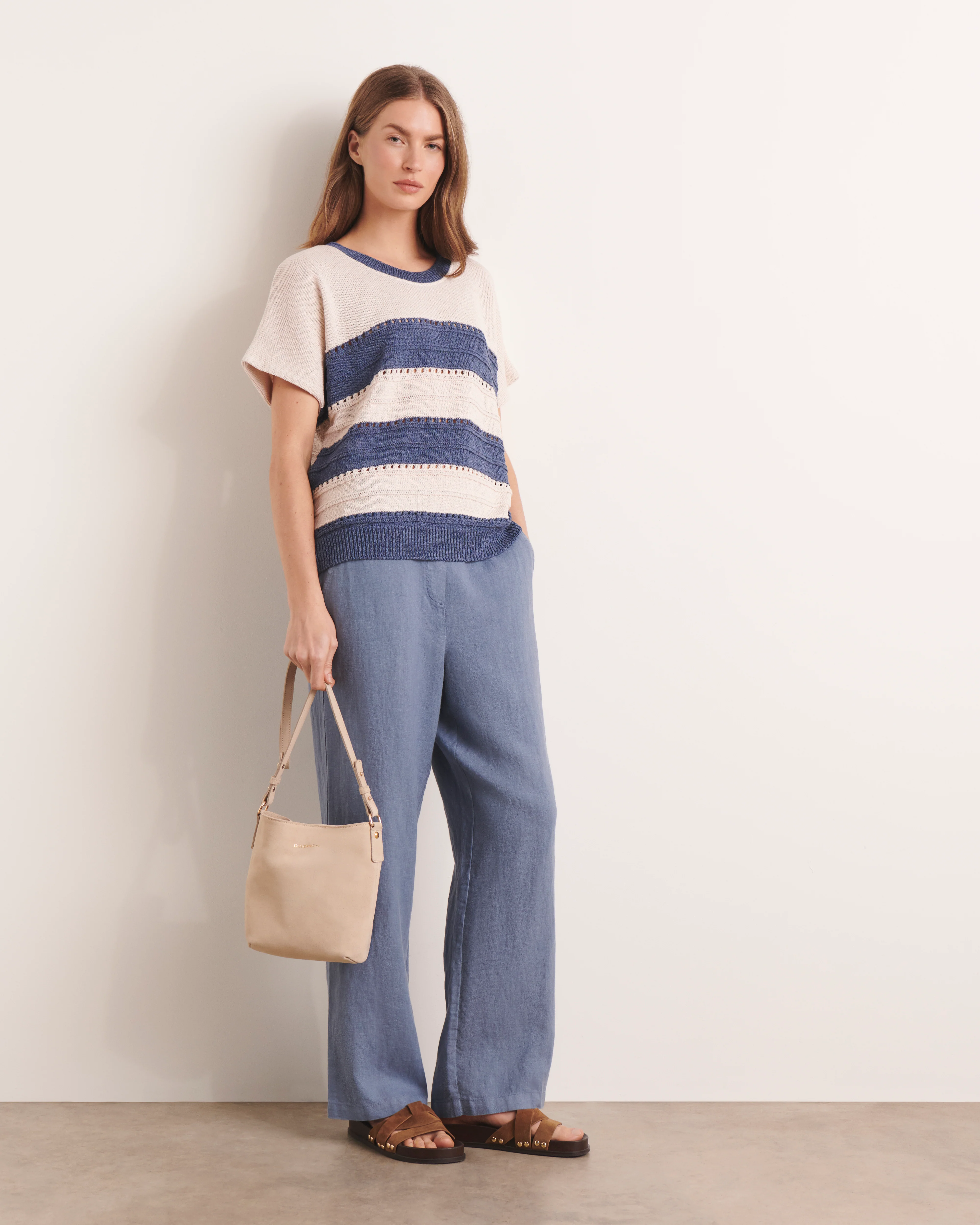 Pull beige et bleu en maille oversize à rayures ADELY/13015/881