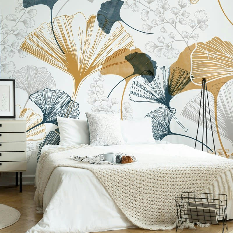 GINGKO OCRE ET BLEU - Papier Peint Panoramique L240xH270cm Multicolore Feuillage