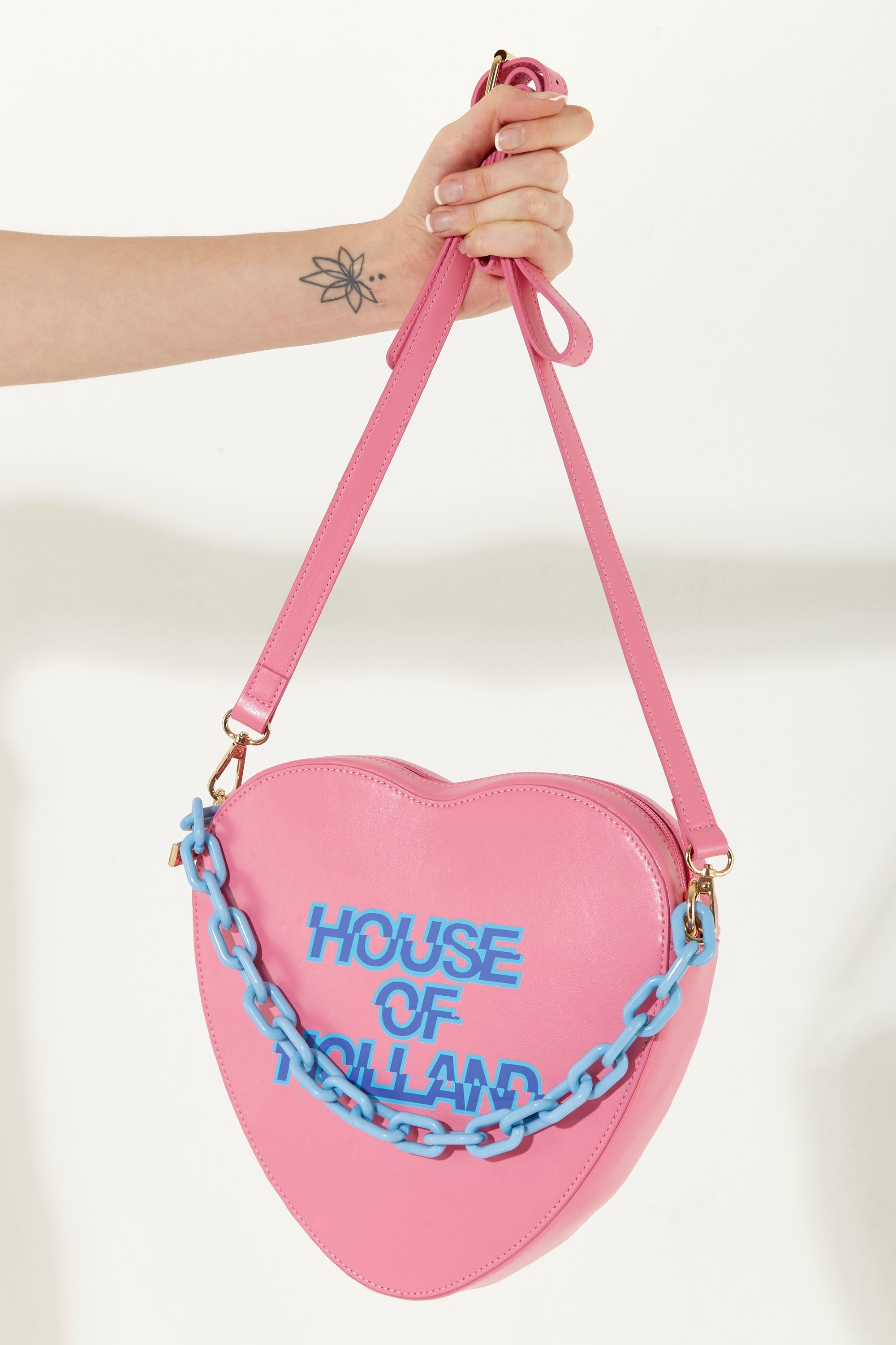 House of Holland Heart Shape Cross Body Bag In Pink With A Chain Detail And Printed Logo