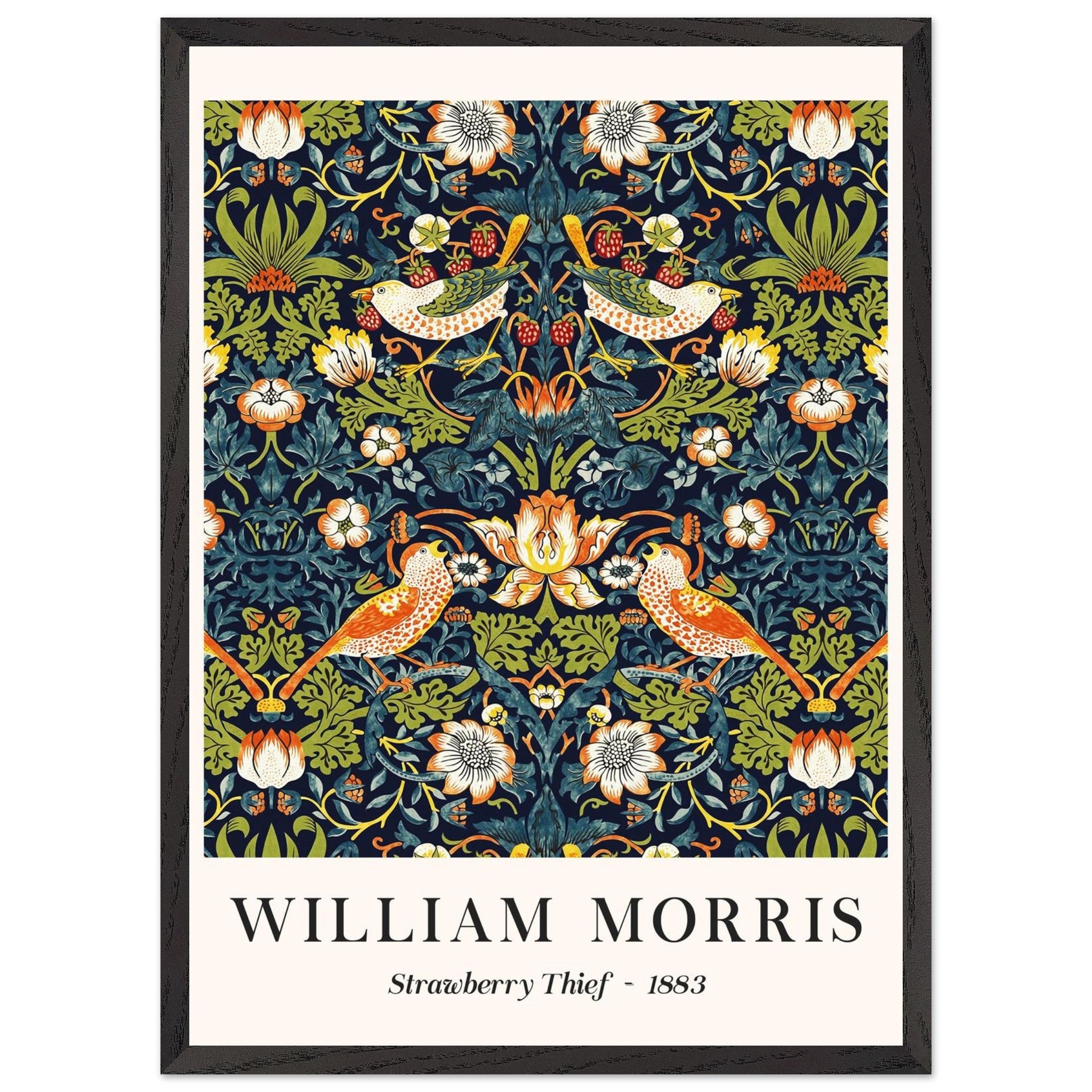 Artfulprints Poster met Lijst William Morris - Strawberry thief  - 50x70 cm - Donkergroen