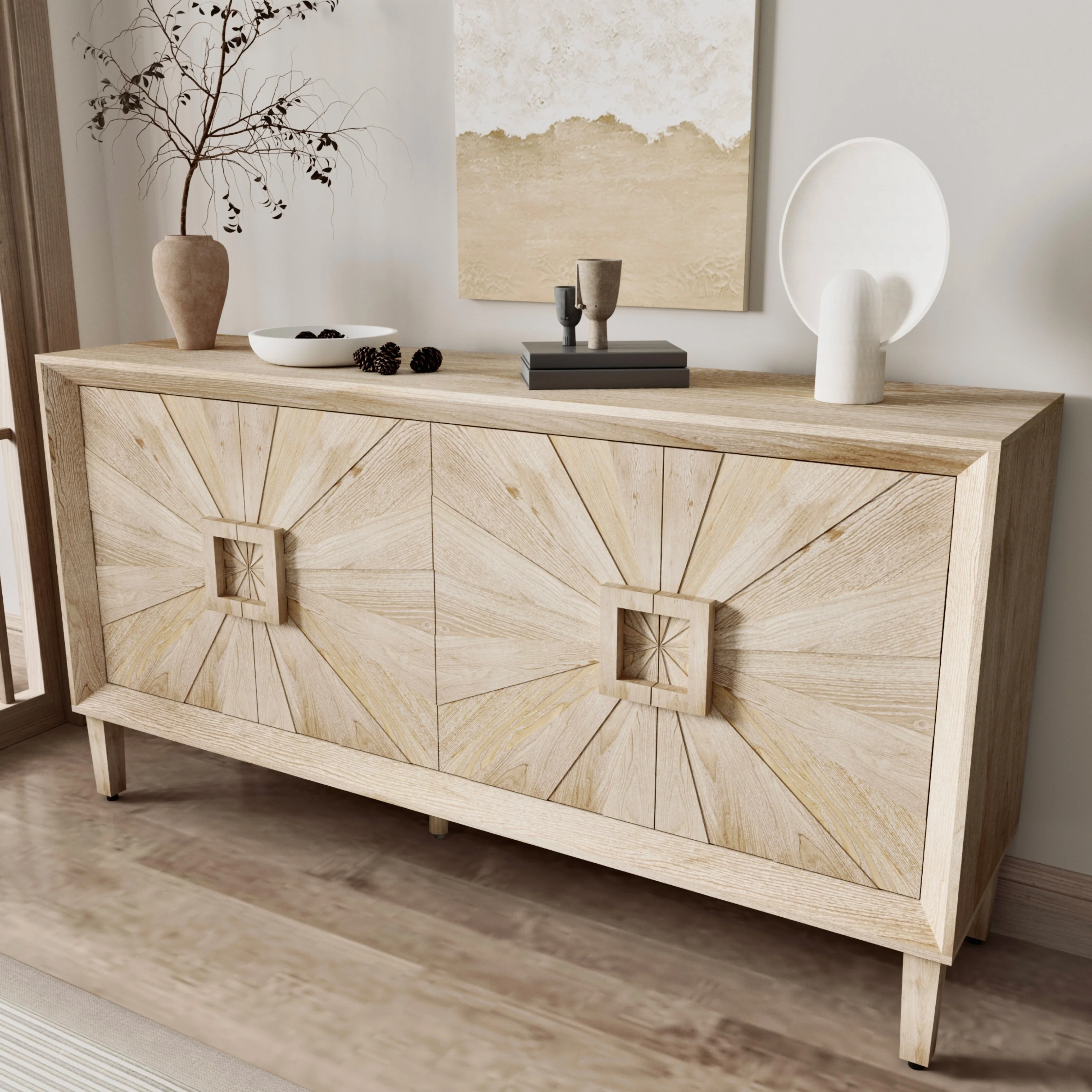 Rustic American Farmhouse Credenza - Symmetrical Sunburst Door Design,TV Stand with Adjustable Shelves, Storage Cabinet