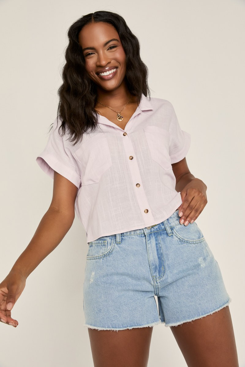 Gena Short Sleeve Cropped Button Down Top