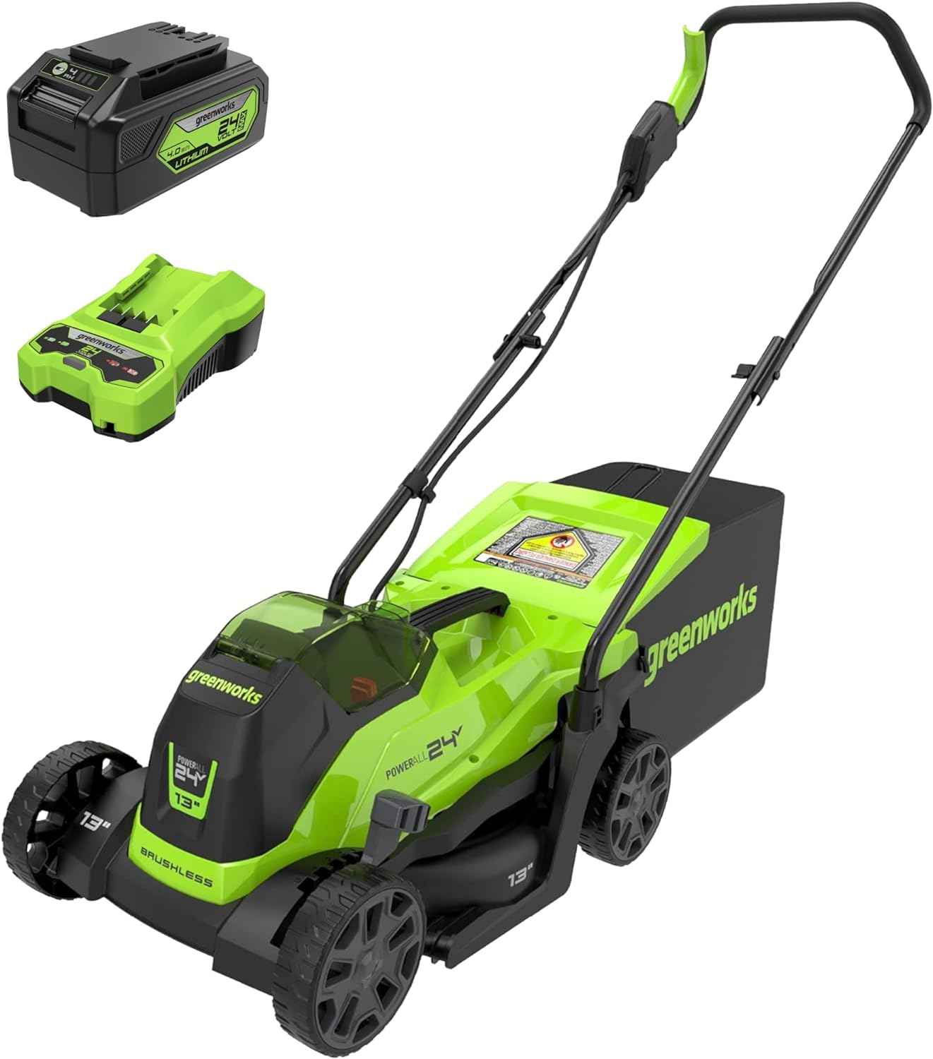 Greenworks 24V 13“ Brushless Cordless Lawn Mower with 4.0Ah Battery & Charger Maintenance-Free Push Mower with 2-in-1 Mulch/Bag