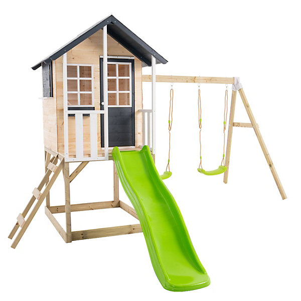Maisonnette sur pilotis, glissière, 2 balançoires JACINTHES en bois
