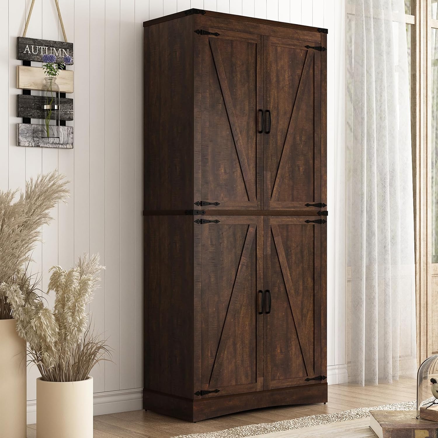 71 Tall Kitchen Pantry,Farmhouse Storage Cabinet with Adjustable Shelves,Load-Bearing Steel Pipe,Farmhouse Pantry Cabinet with 4 Barn Doors, for Kitchen,Dining Room,Living Room(Brown)