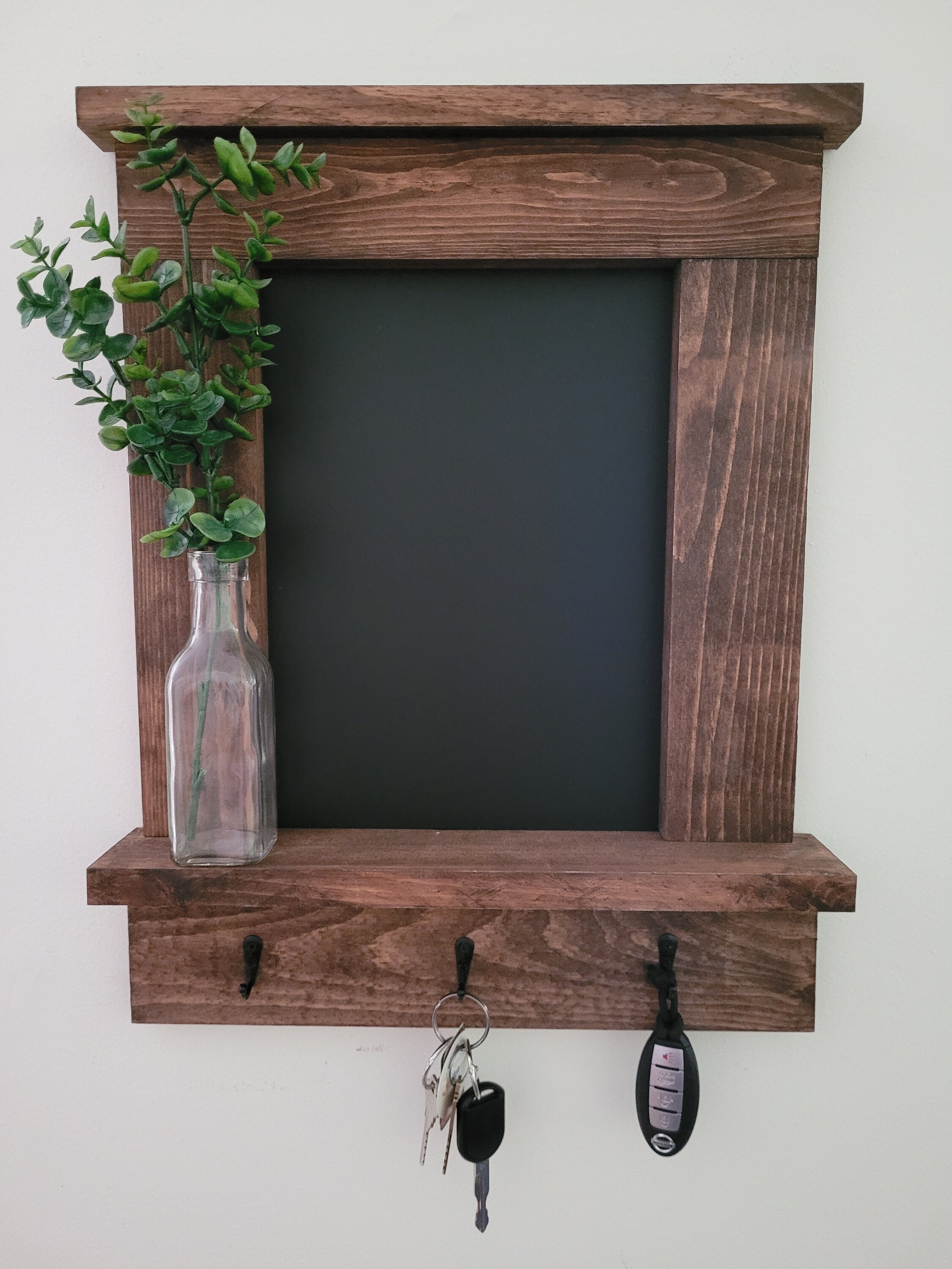 Chalkboard, Walnut Chalkboard, Wall organizer, Farmhouse Chalkboard, Chalkboard with hooks, Chalkboard with shelf, Chalkboard keyholder