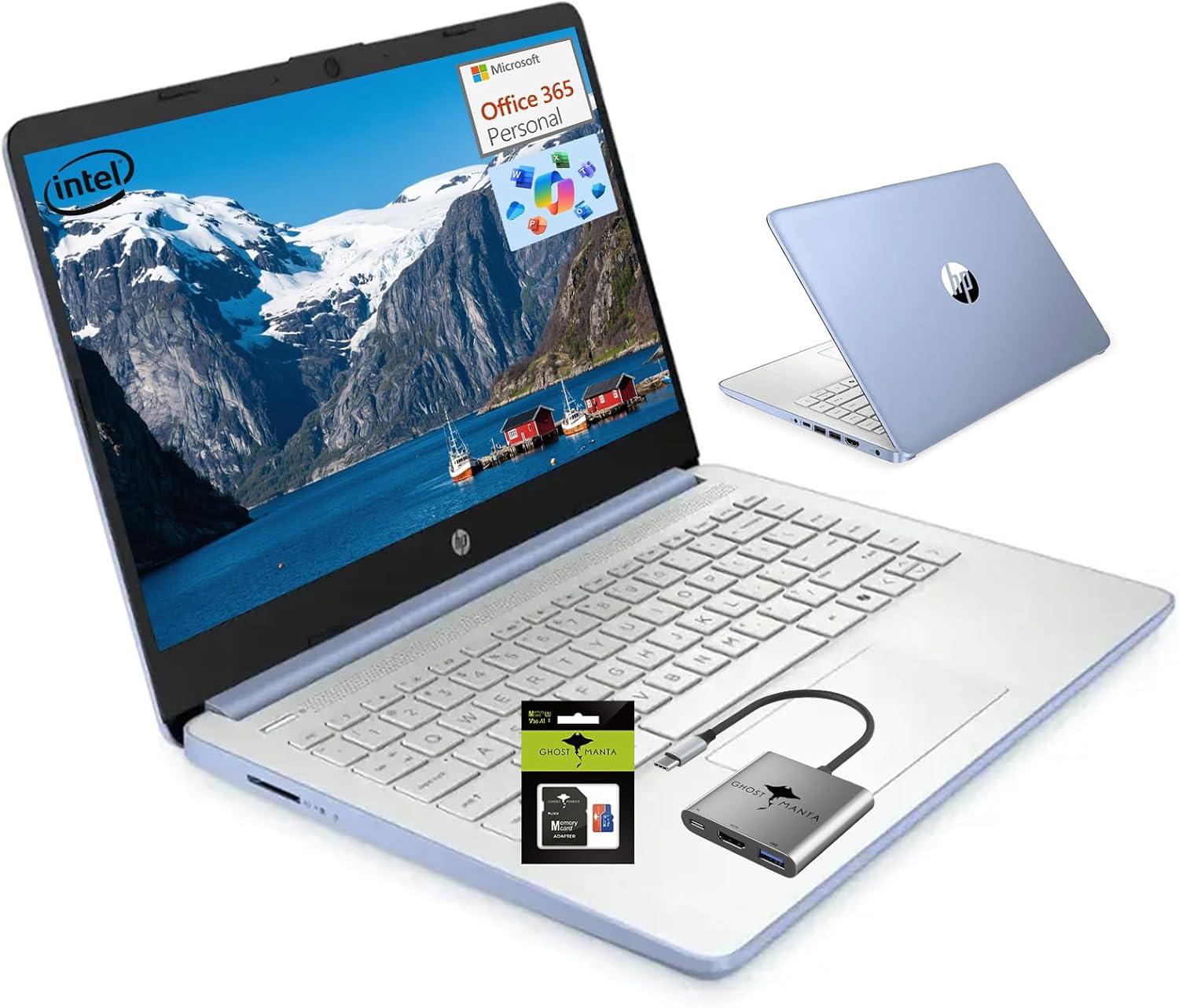 HP 14 Student-Laptop Back to School  Quad-Core Processor (Up to 3.6GHz) 8GB RAM 192GB Storage(128GB UFS + 64GB SD Card) Laptops for Student with 1-Year Office 365 Copilot AI Win11  Sky Blue