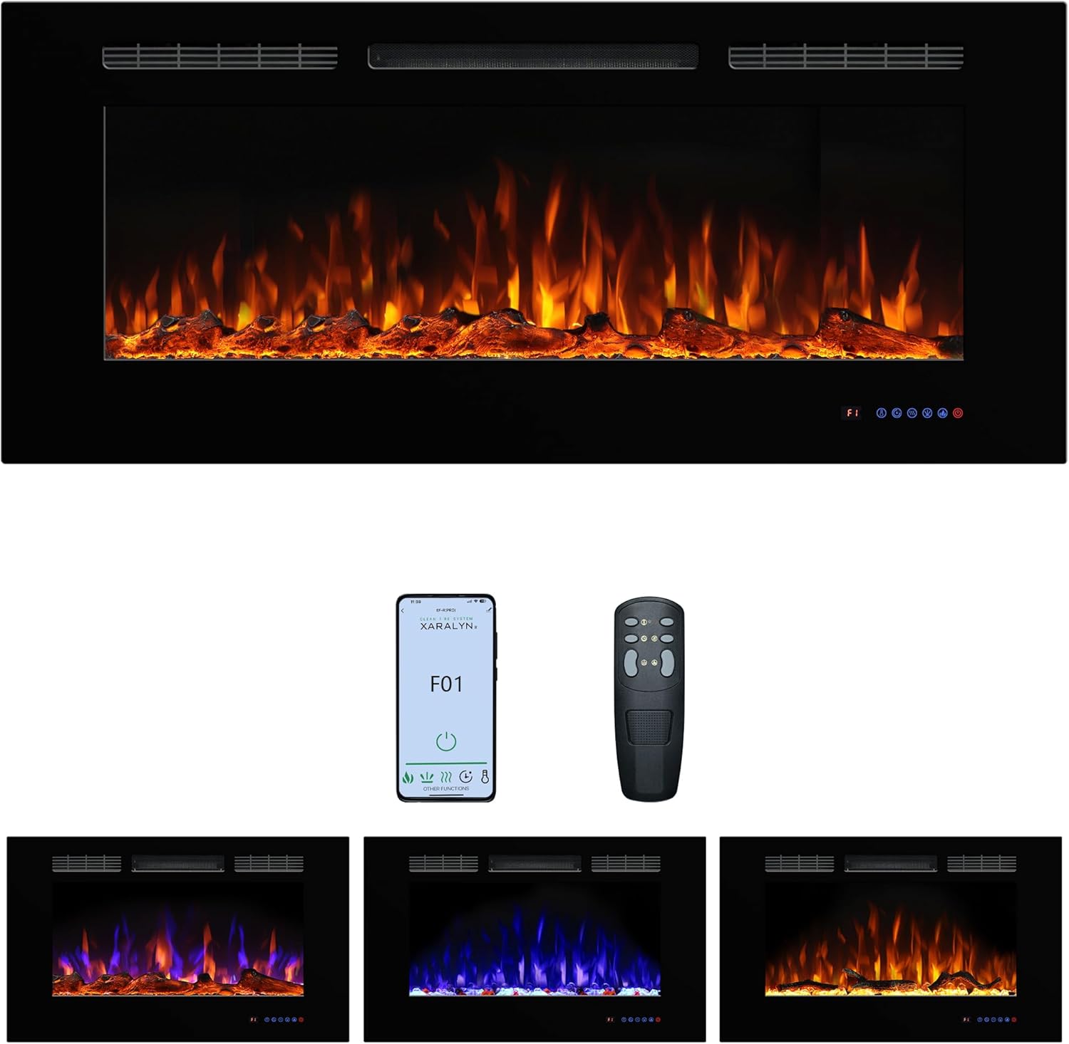 Electric Fireplace 50inches, Wall-Mounted & Recessed Fireplace Inserts, Multicolor Flame w/5 Dimmer, Remote Control Thermostat, Timer, Overheating Protection, Hardwire Connect, 1500W,Black