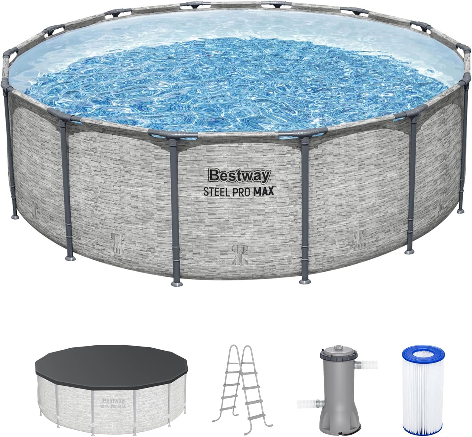Bestway Steel Pro MAX 14' x 48 Above Ground Pool  Round Metal Frame Outdoor Swimming Pool Set with Filter Pump  Ladder  and Cover  Gray Stone Print