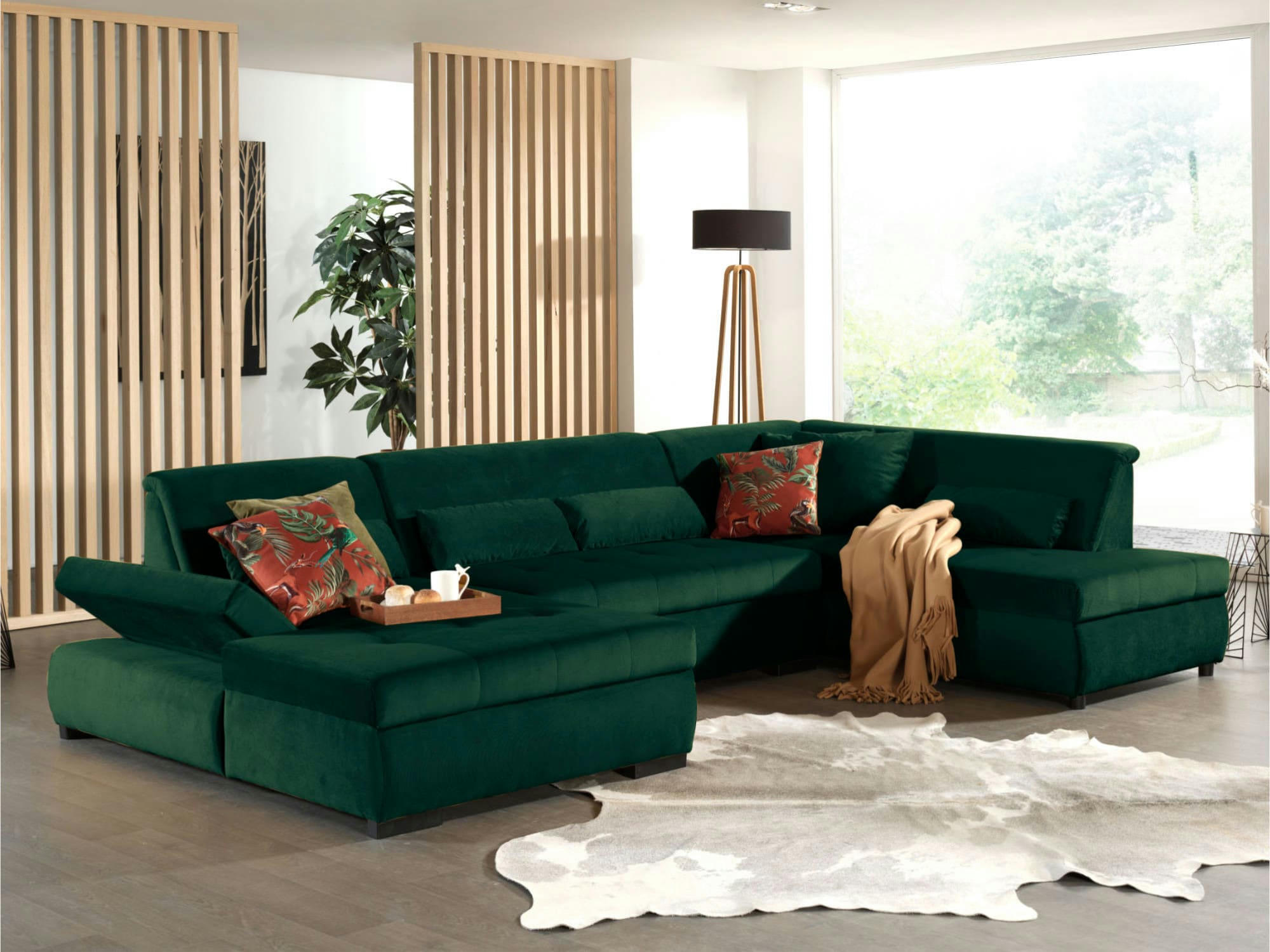 VERMONT - Canapé panoramique 7 places angle droit en velours vert