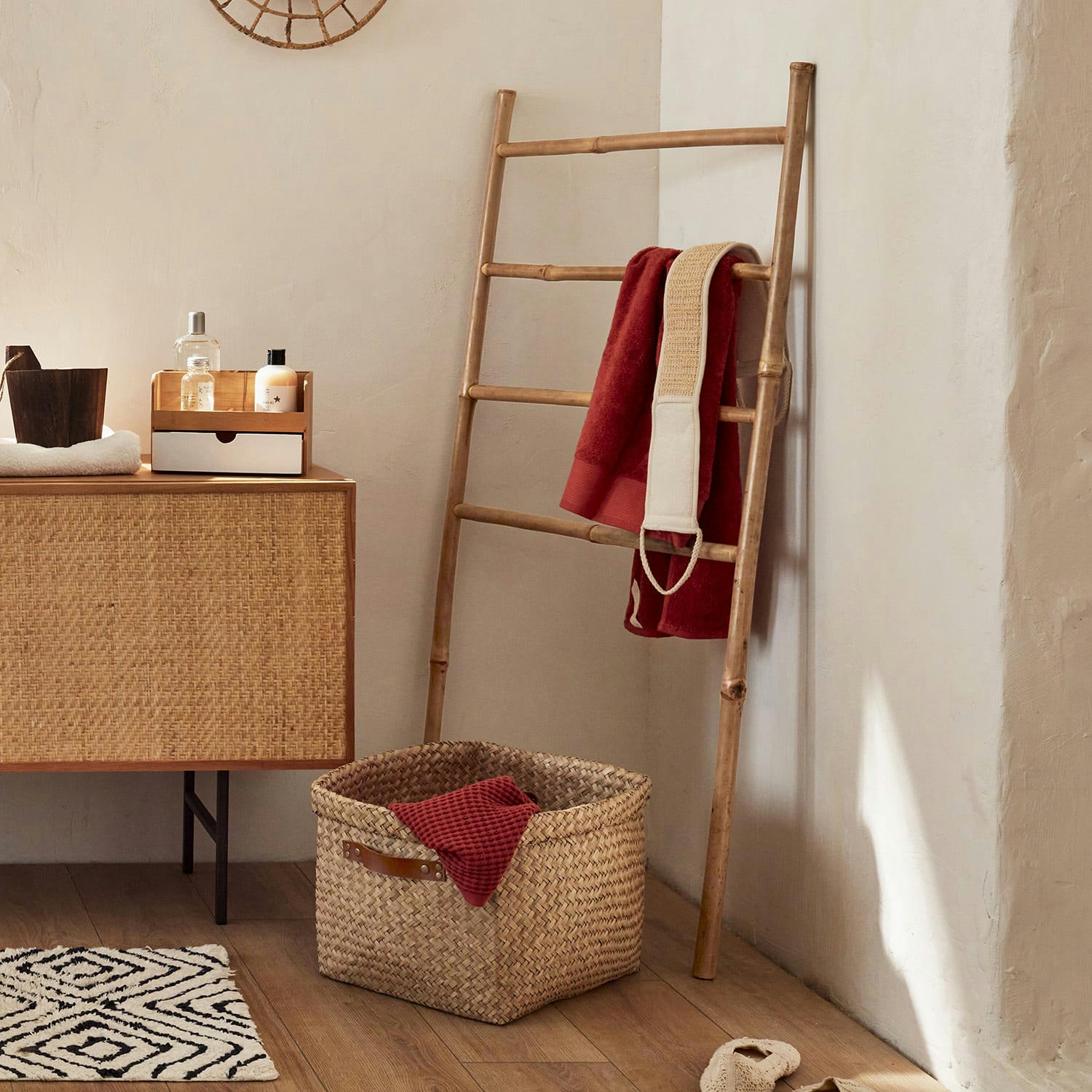 - Panier en jonc de mer avec poignées en cuir marron 43x31x29cm