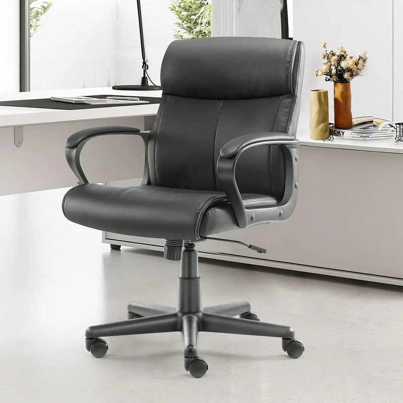 Mid Back Office Chair Swivel Executive Chair with Armrests,PU Leather-Padded Ergonomic Chair with Lumbar Support