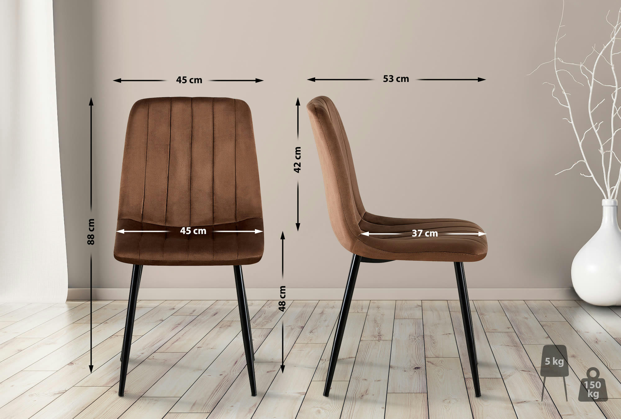 DIJON - Chaise de salle à manger avec pieds métal assise en velours Marron