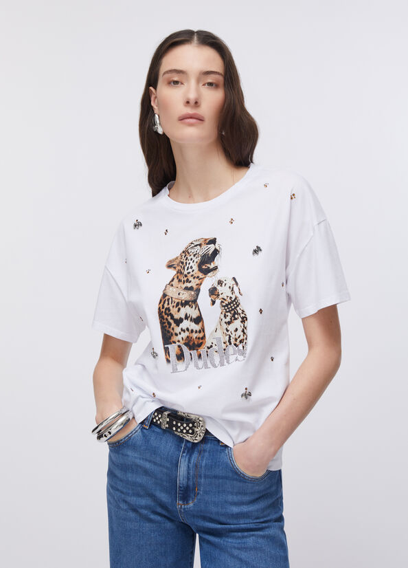T-shirt con stampa e ricami gioiello