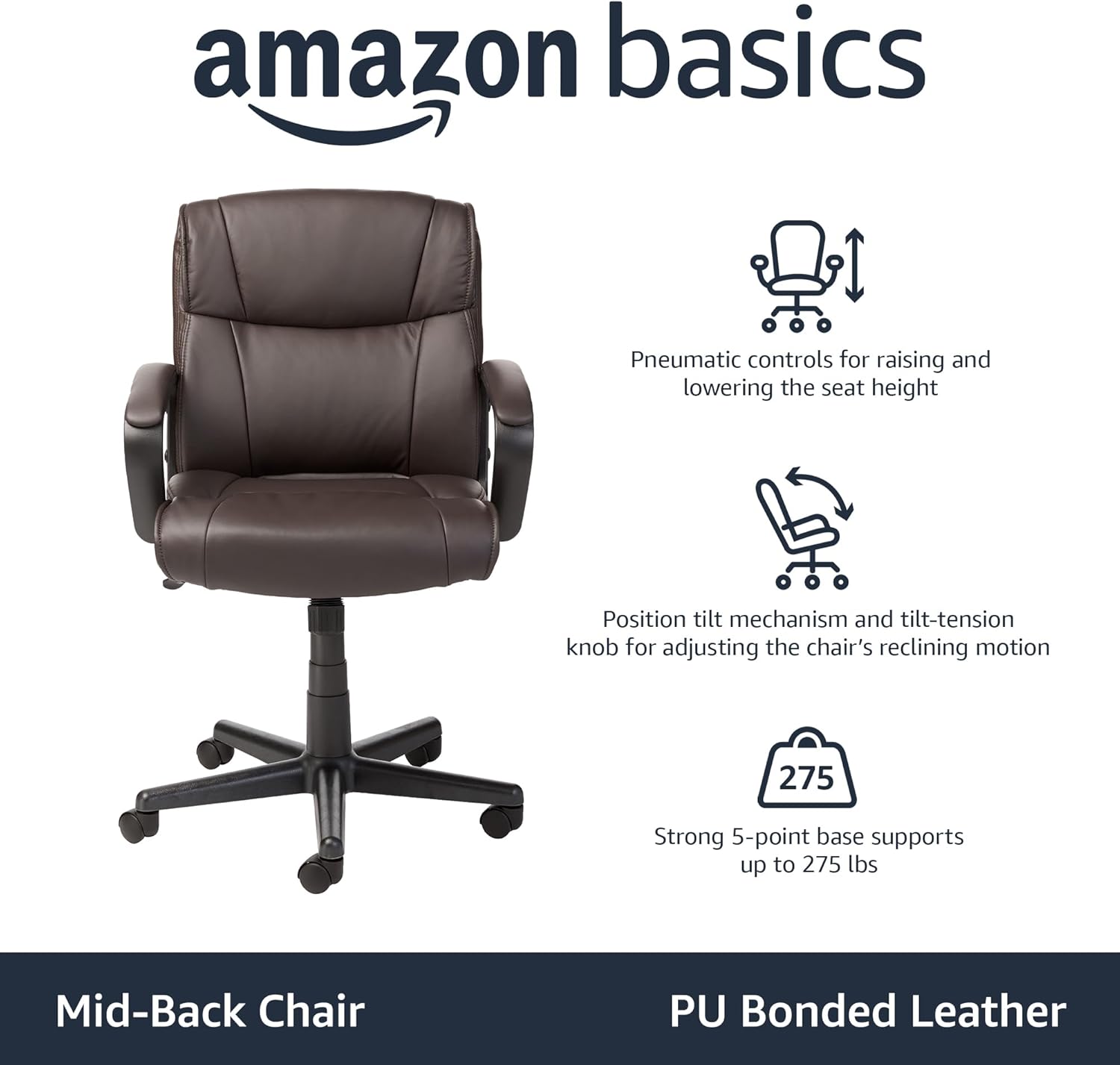 Amazon Basics Office Task Chair with Adjustable Height, 360° Swivel, Padded Armrests, Mid-Back, Rolling, 275 Pound Capacity, 24D x 24.2W x 34.8H, BIFMA Certified, Dark Brown Faux Leather