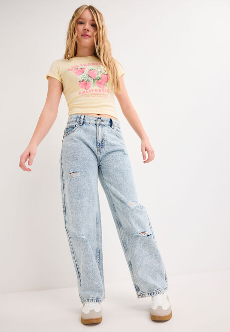 Older Girls Blue Extreme Ripped Wide Leg Jeans