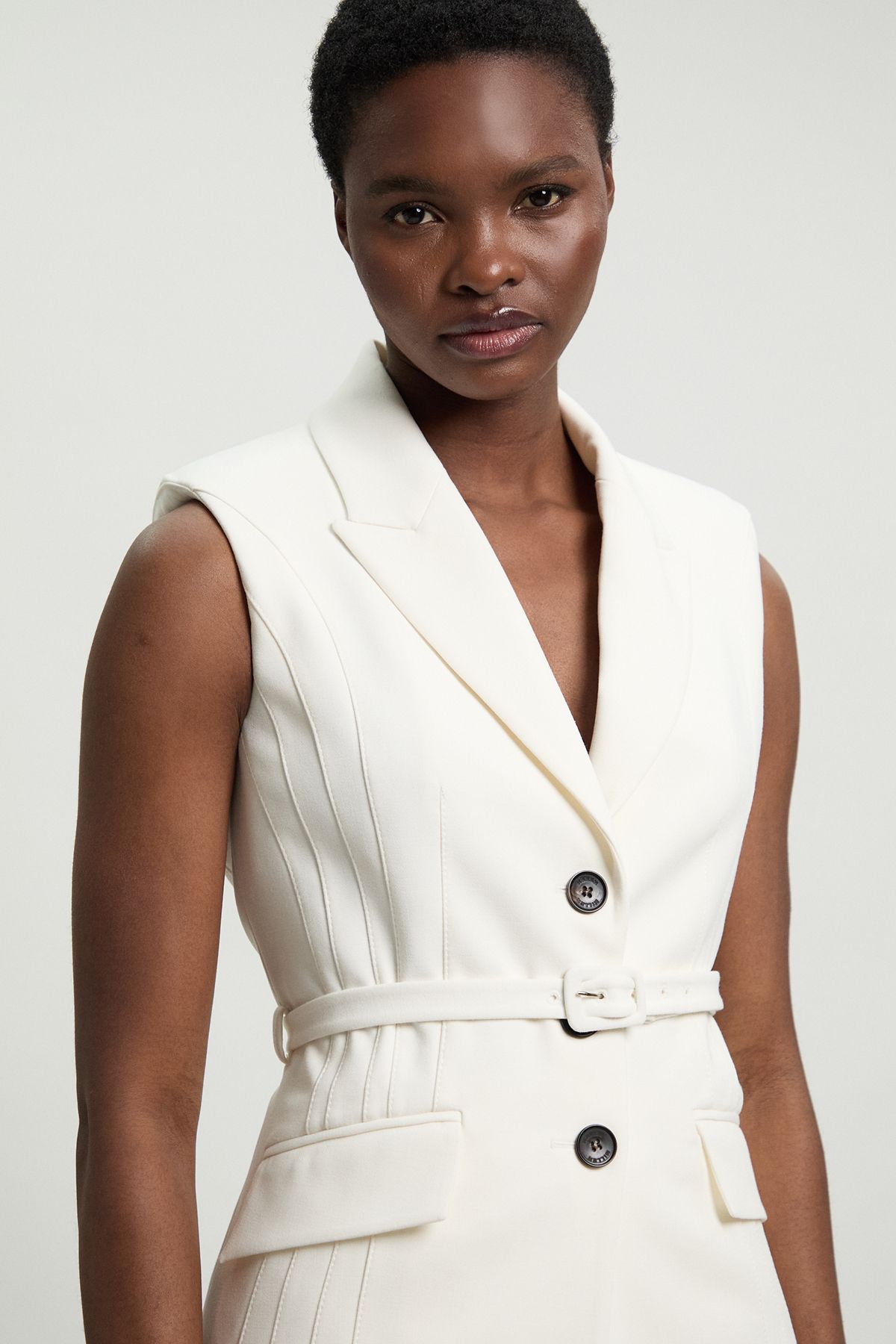 KarenMillen Petite Tailored Structured Crepe Belted Sleeveless Blazer