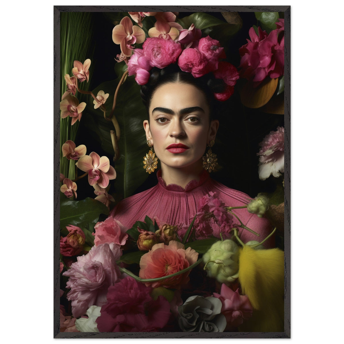 Artfulprints Poster met Lijst Frida Kahlo - Floral portrait  - 70x100 cm - Roze