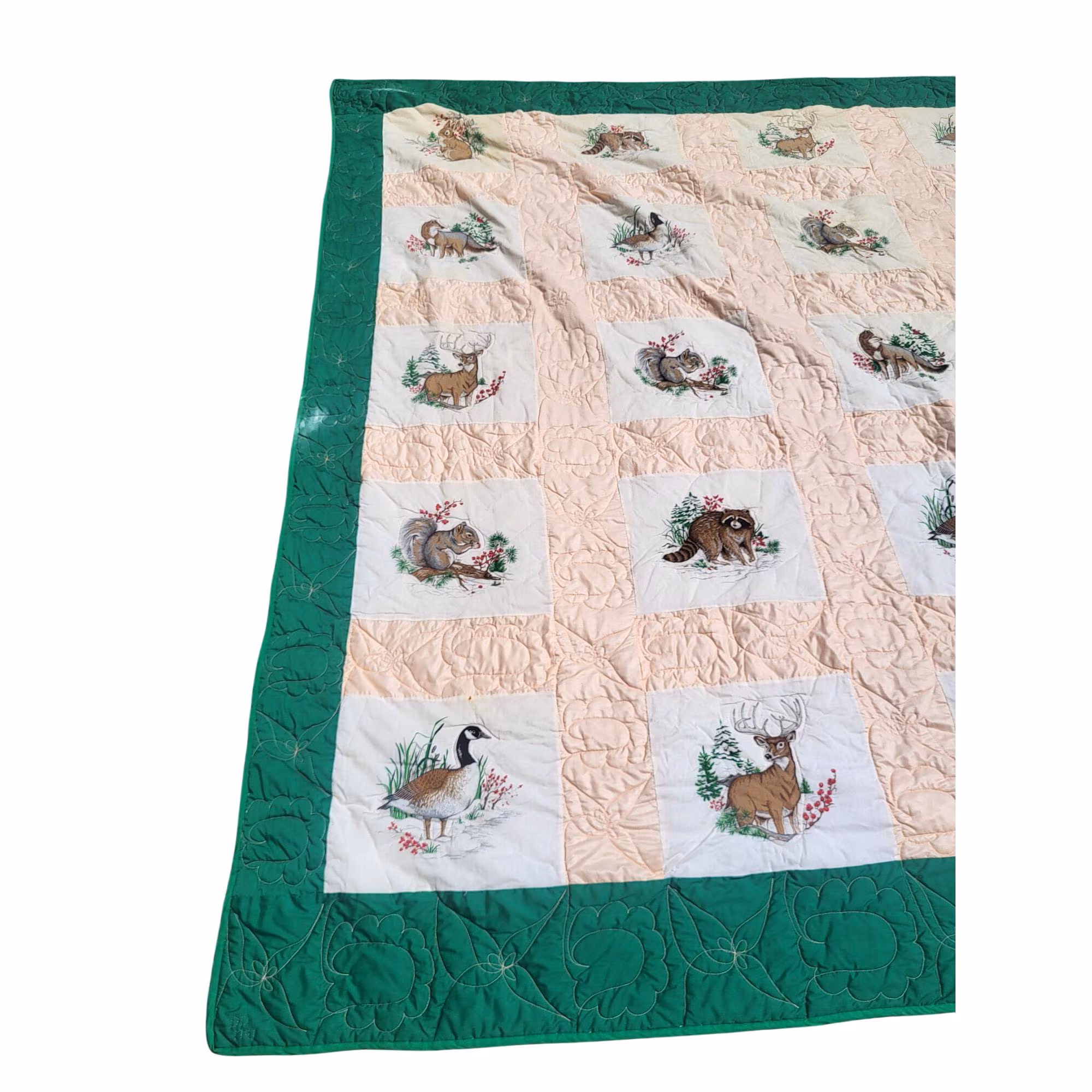 Vintage Handmade Wildlife-Themed Double Quilt with Green Border & Embroidered Details Approx. 79.5