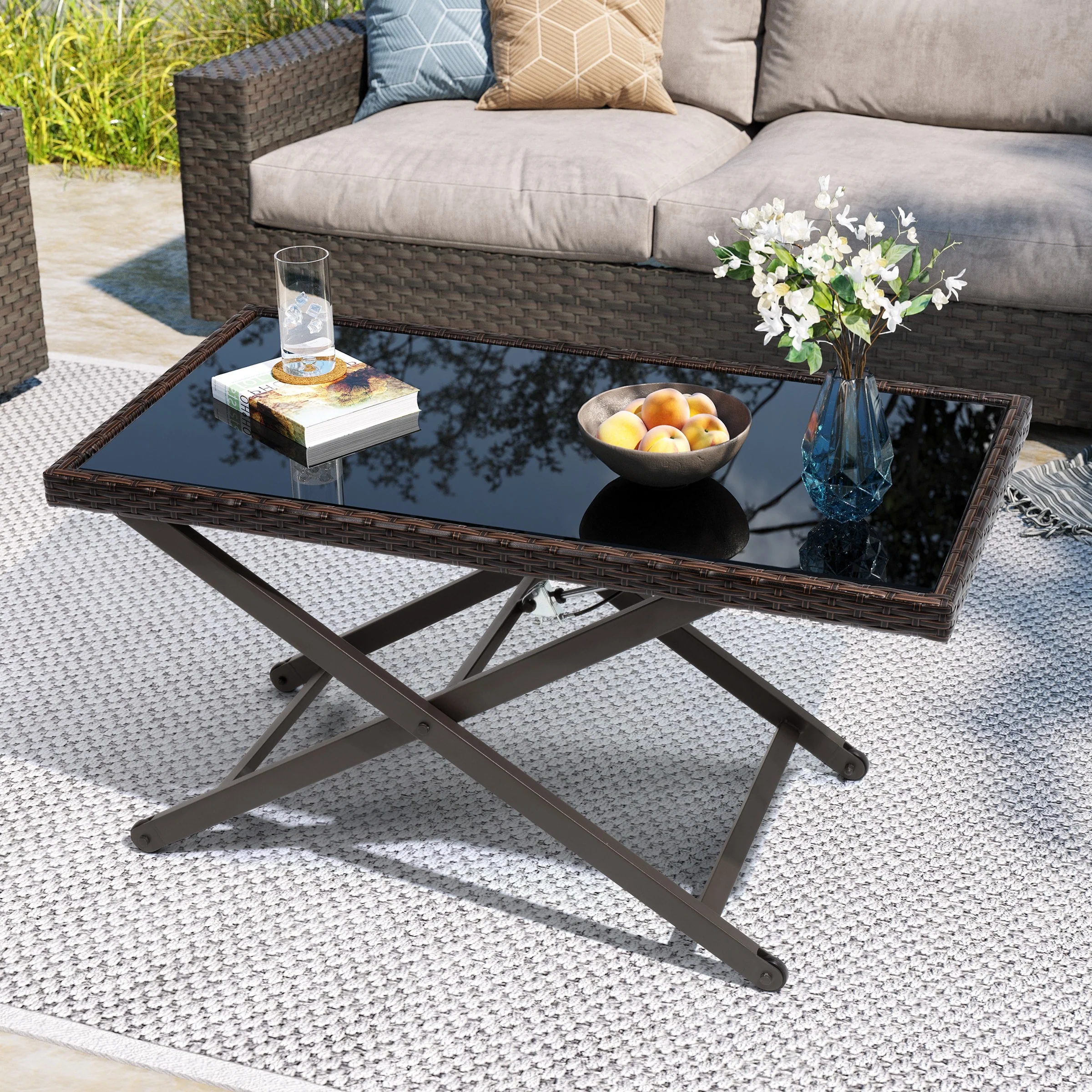 VredHom Outdoor Adjustable Height Wicker Tempered Glass-Top Coffee Table