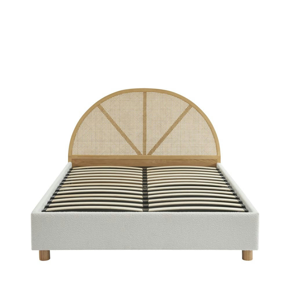 TAJUR - Lit coffre en tissu bouclette et cannage 140x190cm ecru