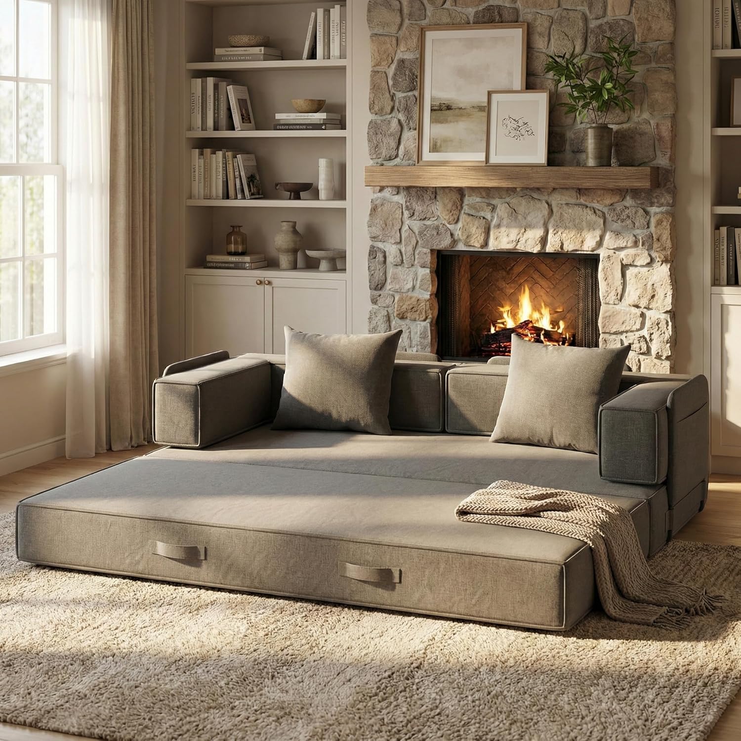 4-in-1 Convertible Sofa Bed, 82“ Compression Sofa with Chenille Fabric Pull Out Sleeper Sofa with 2 Pillows & 4 Side Pockets for Living Room Bedroom Apartment, No Assembly Required, Dark Grey