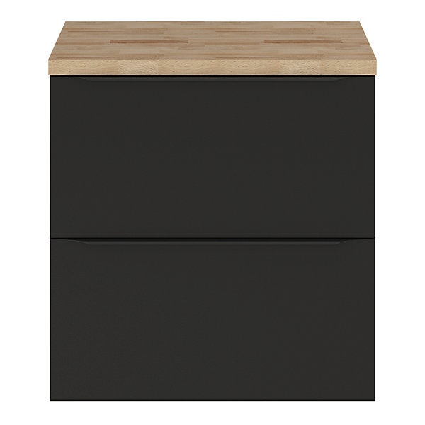 Meuble vasque suspendu noir mat l.60 cm Imandra   plan de toilette effet chêne, GoodHome