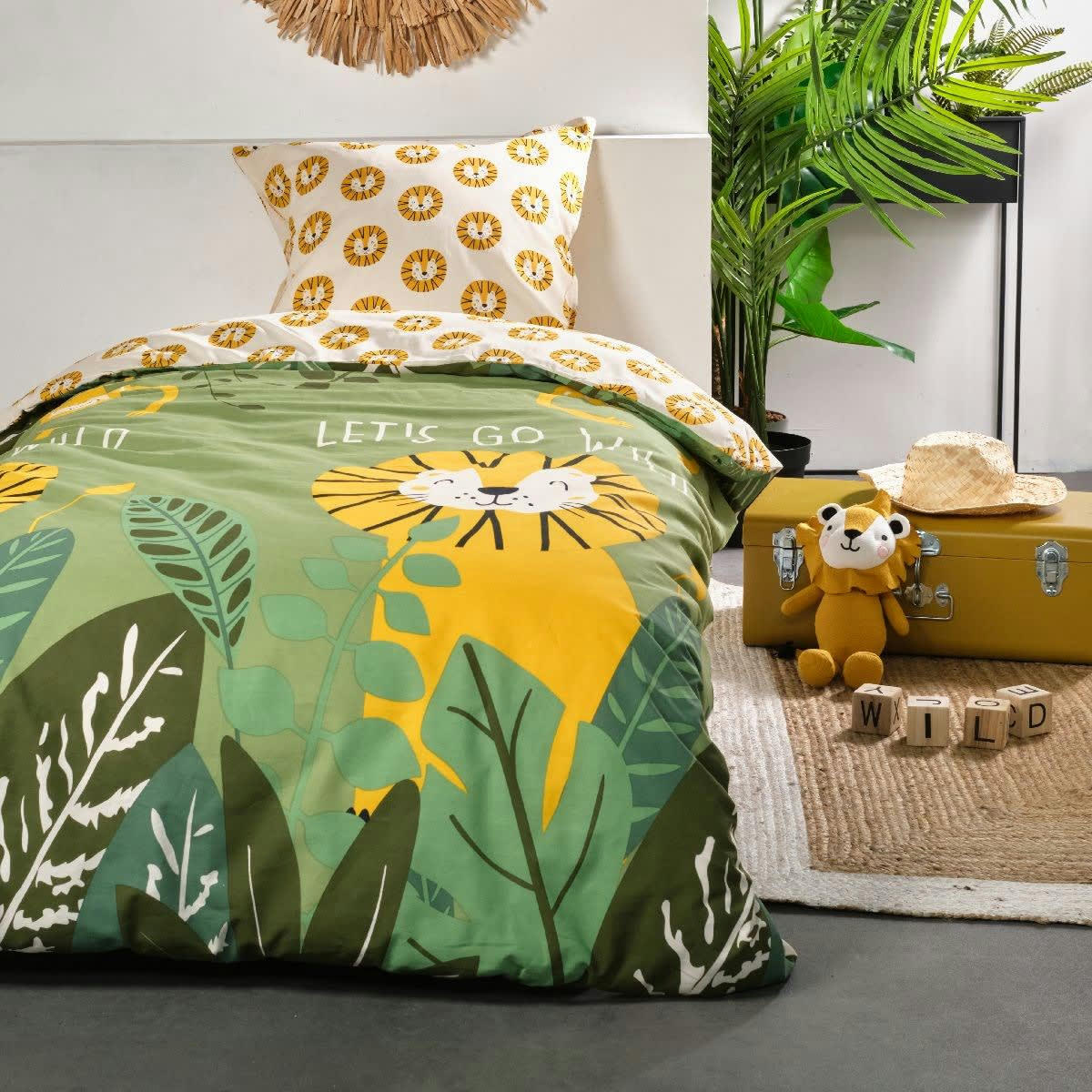 HAPPY LION - Parure de lit imprimé en coton gris 140x200