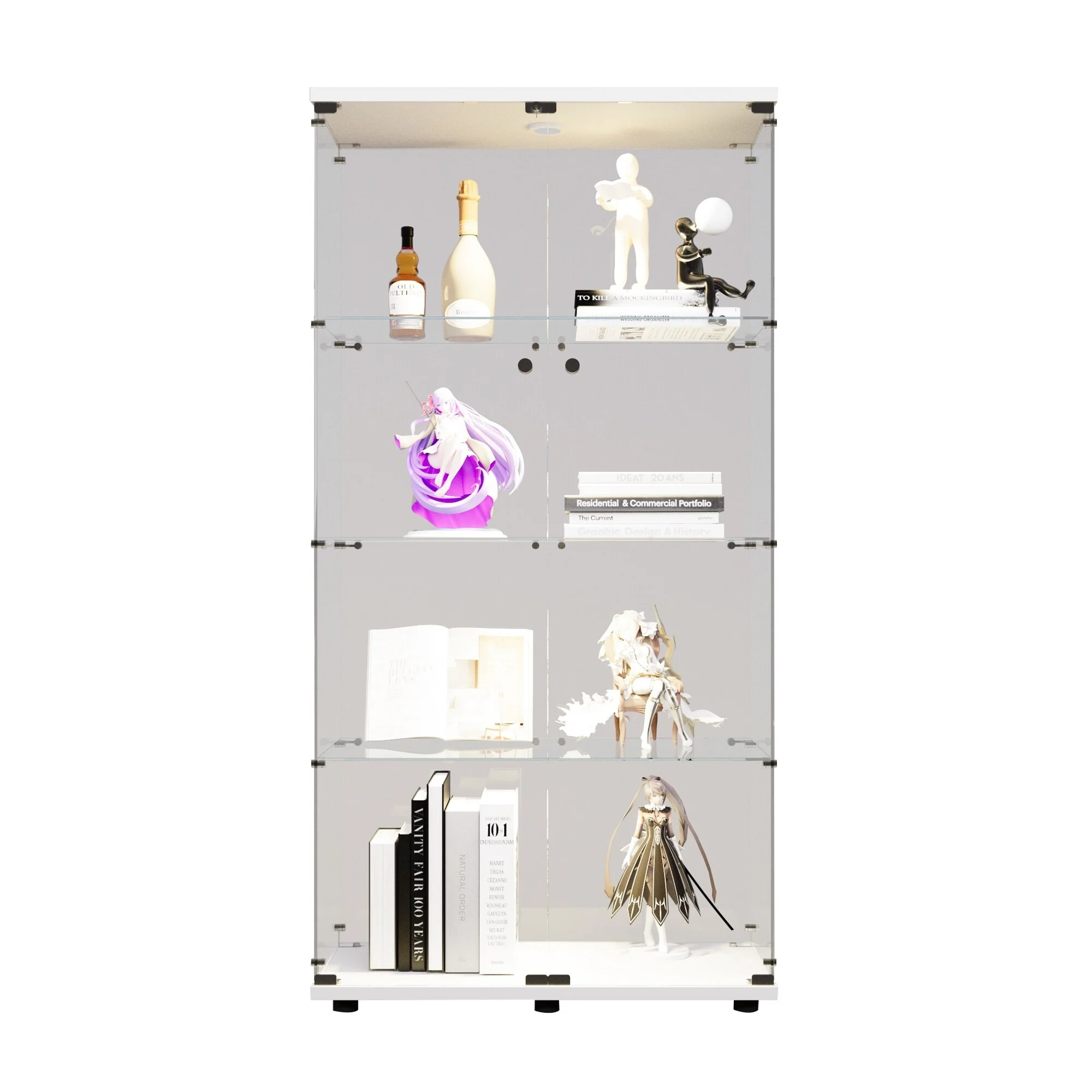 Two-door LED lights Glass Display Cabinet 4 Shelves with Door