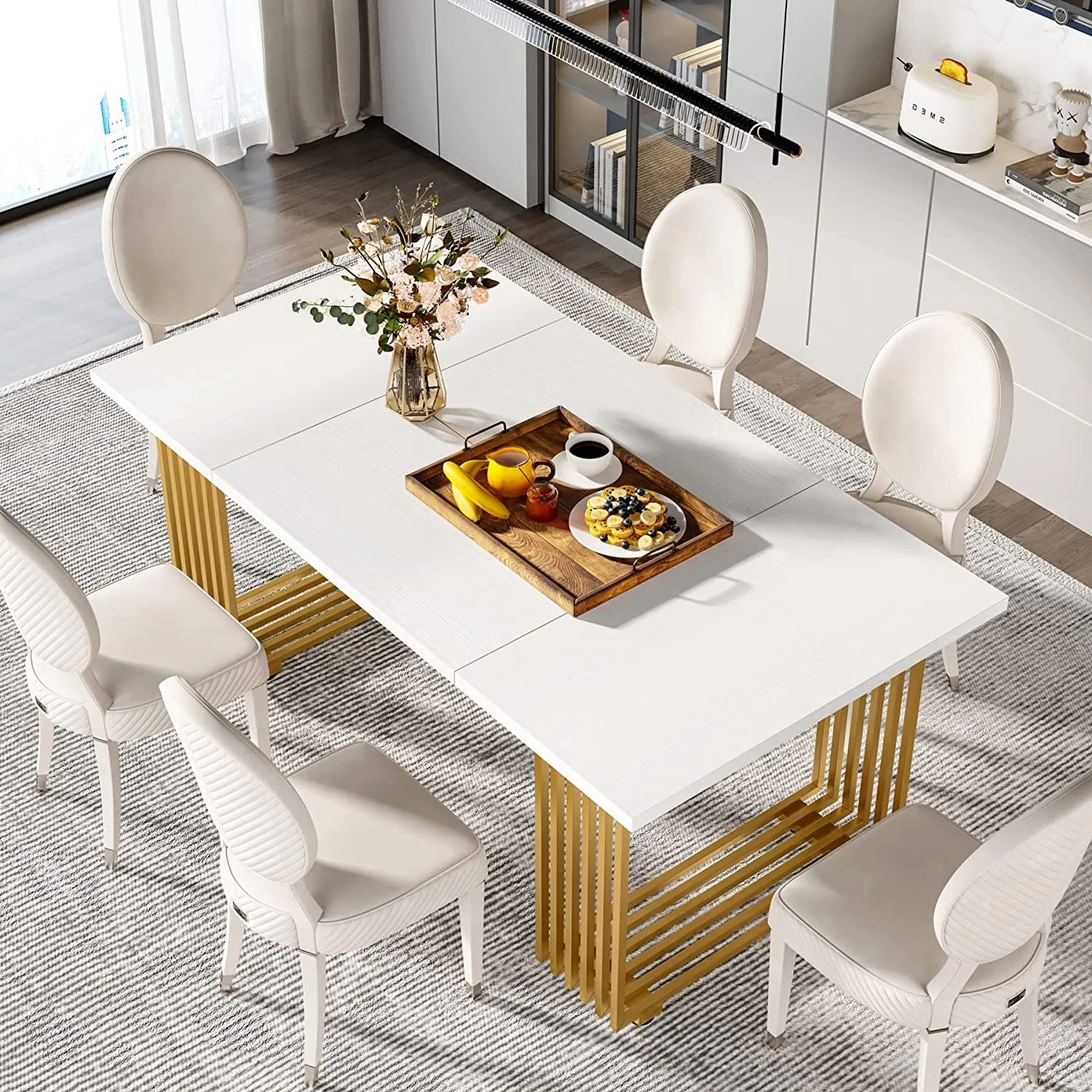 Modern Dining Table for 6-8 People, 70.8 Inches White Kitchen Table