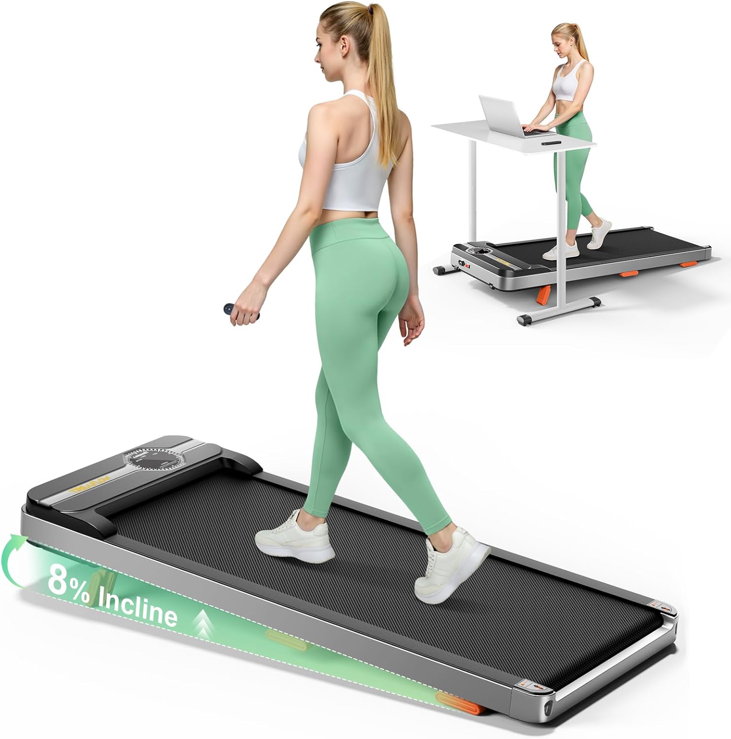 TREAFLOW Walking Pad Portable Under Desk Treadmill with Incline 2.5HP for Home Office 265 lbs Capacity Remote Control LED