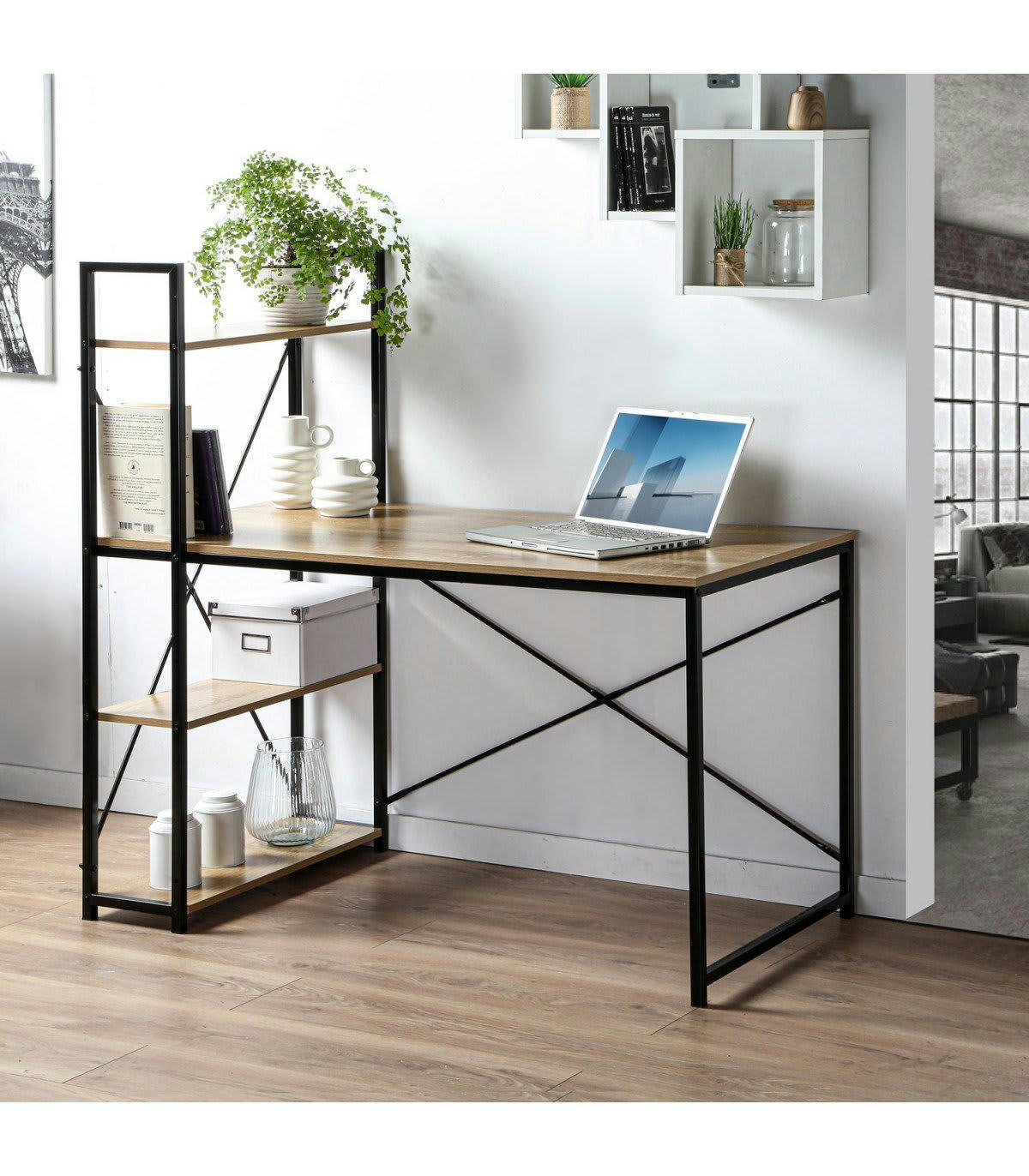 - Bureau L120cm avec 4 étagères style industriel - Marron