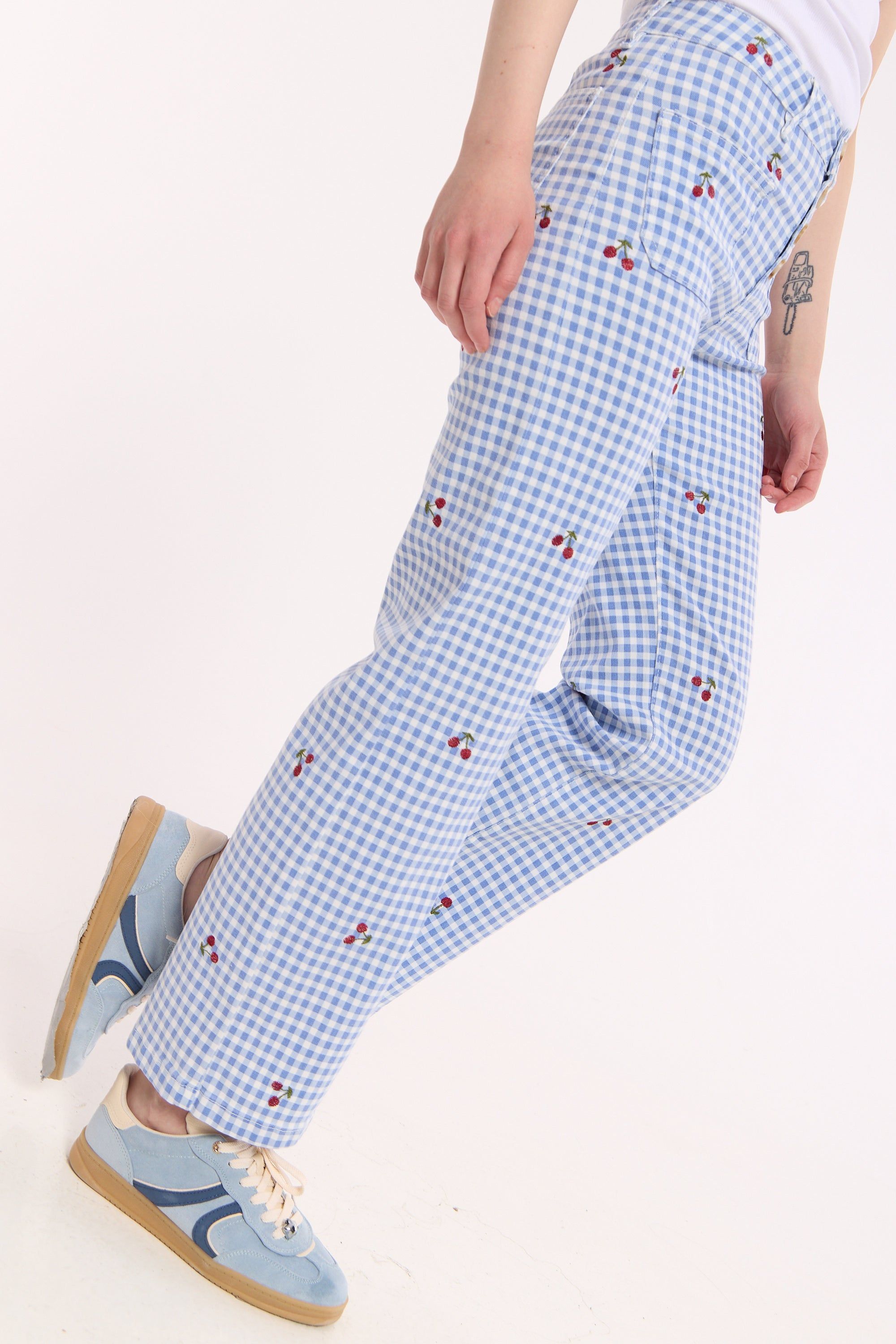 House of Holland Blue Gingham Cherry Straight Leg Trousers
