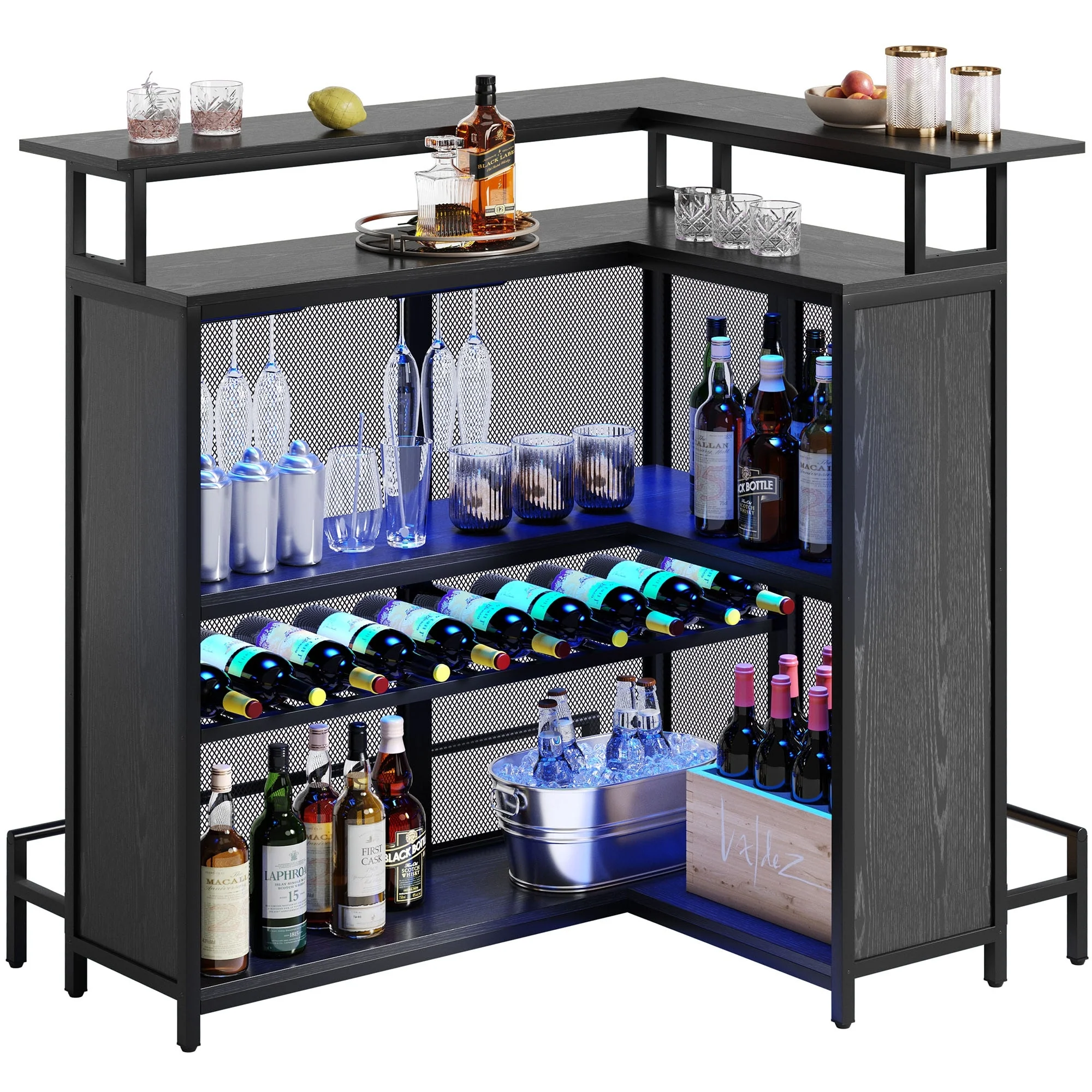 Moasis Home Bar Unit L-shape Liquor Bar Table with 2-Tier Storage and Shelves