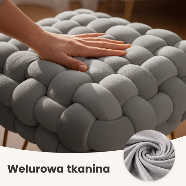 Pufa z plecioną tapicerką welurowa 38 cm DOTTY Jasny Szary