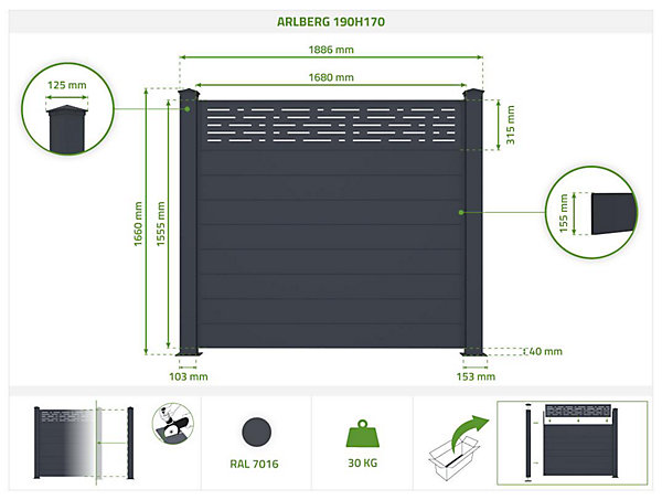 Lot de 2 clôtures aluminium 1,9m ARLBERG H.170cm gris
