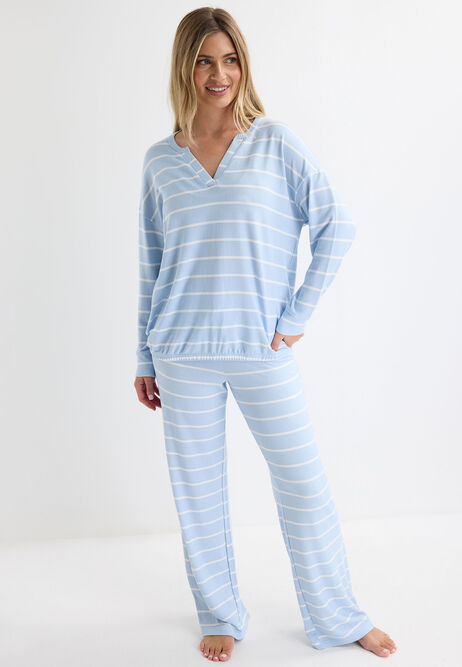 Womens Blue Stripe Cashmere Touch Pyjama Top