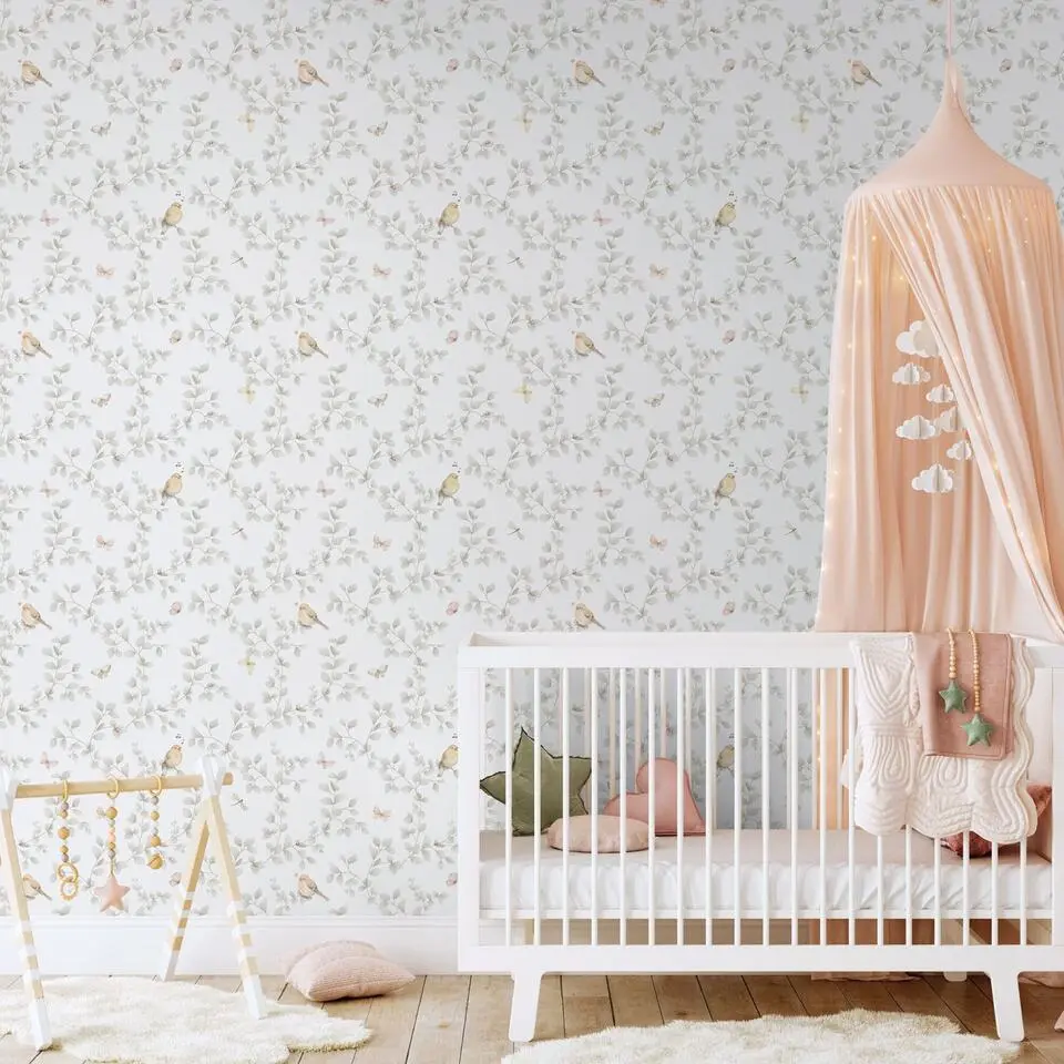 Sanders & Sanders behang bloemen en vogels lichtgrijs en wit - 53 cm x 10.05 m