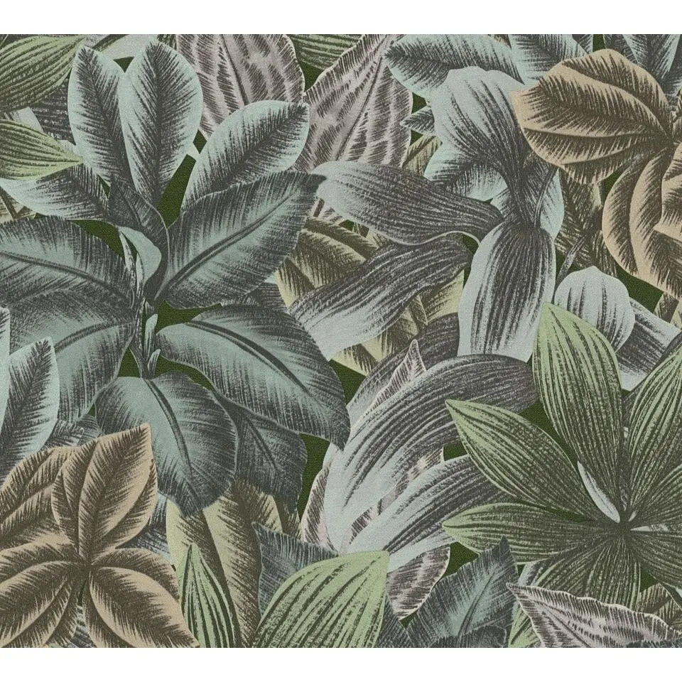 Livingwalls behang jungle-motief groen, blauw, grijs en beige - 53 cm x 10.05 m