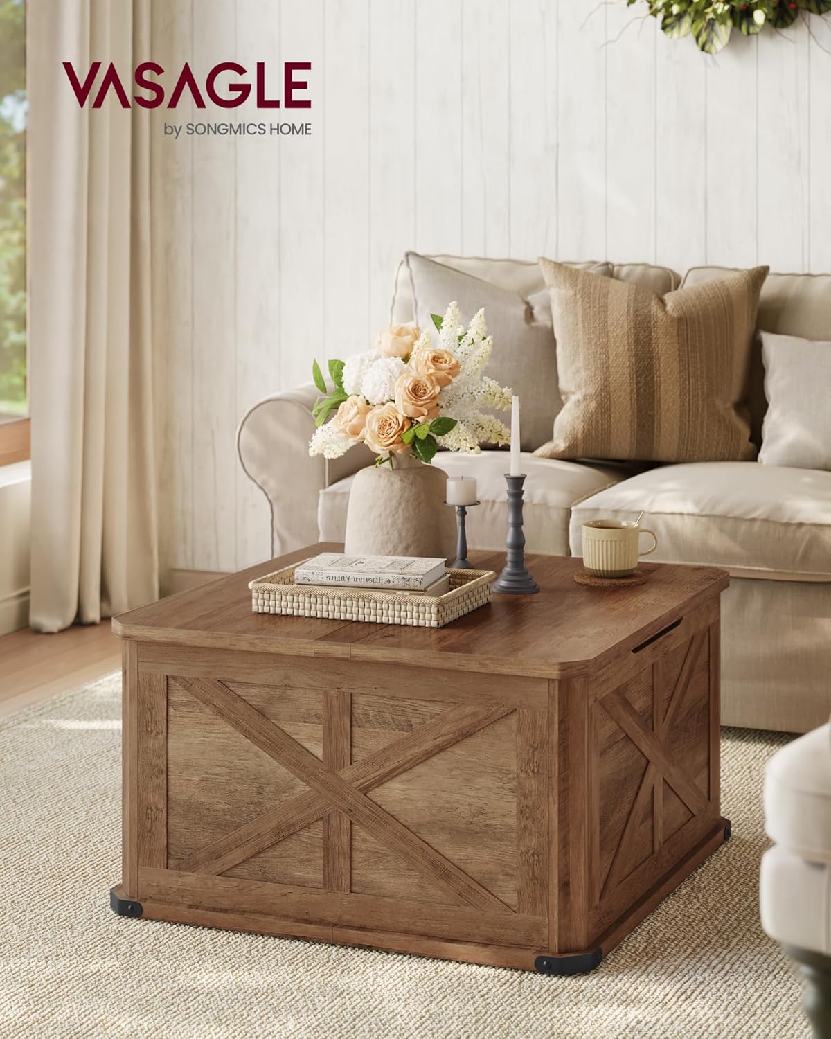 VASAGLE LIRY Collection - Farmhouse Coffee Table with Storage, Square Center Coffee Table for Living Room, with Hidden Compartment, Flip-Top Lids, Honey Brown ULCT232K41