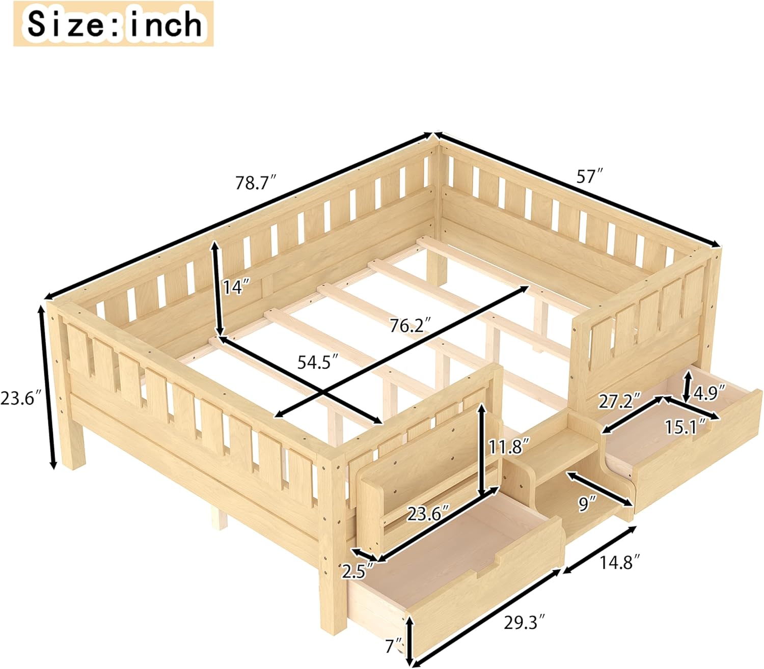 Bellemave Full Size Bed with Slats and Stairs, Full Size Platform Bed Frame with Fence, Bookshelf and Storage Drawers, Easy Assemble Beds for Girls, Boys, Light Natural