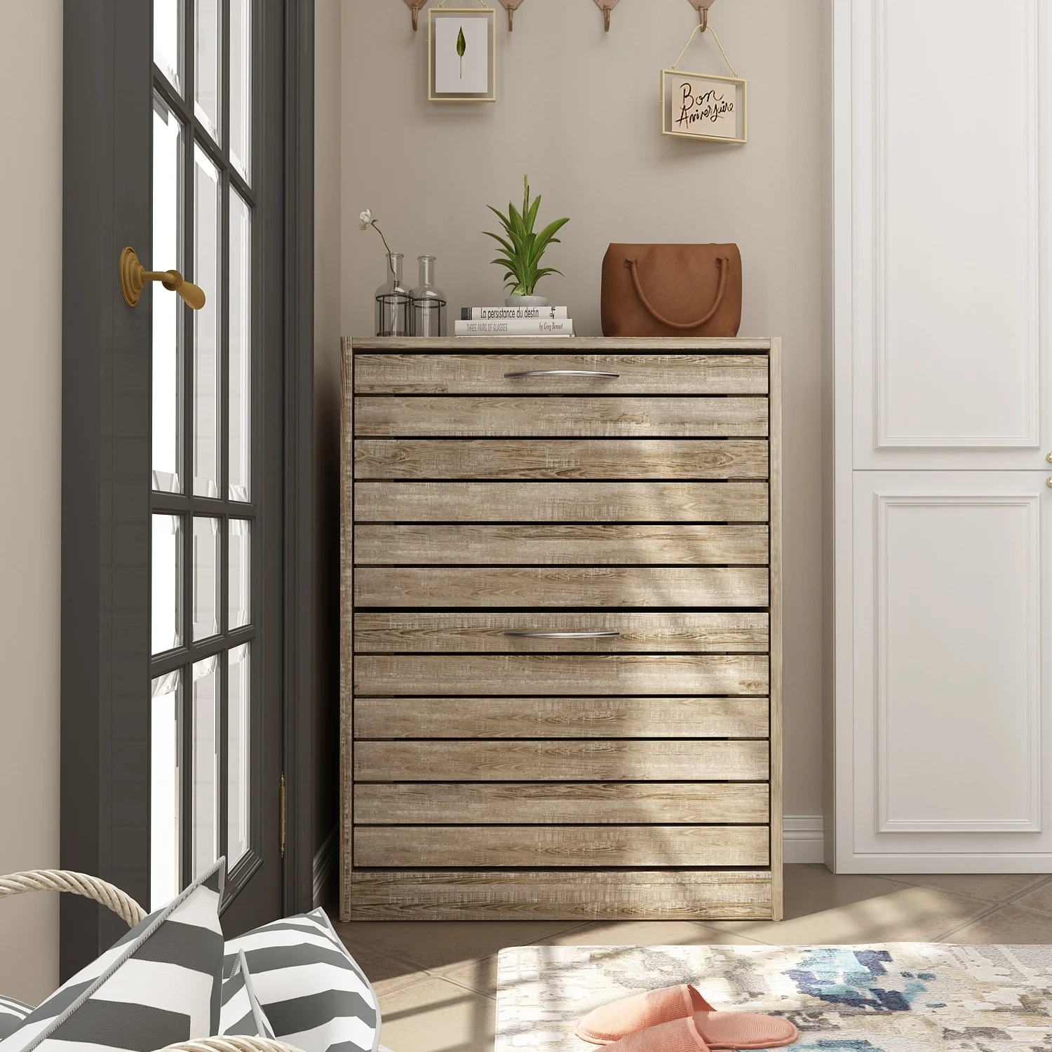 Timechee 8 Pair Shoe Storage Cabinet with 2 Drawers, Wood Louver Door