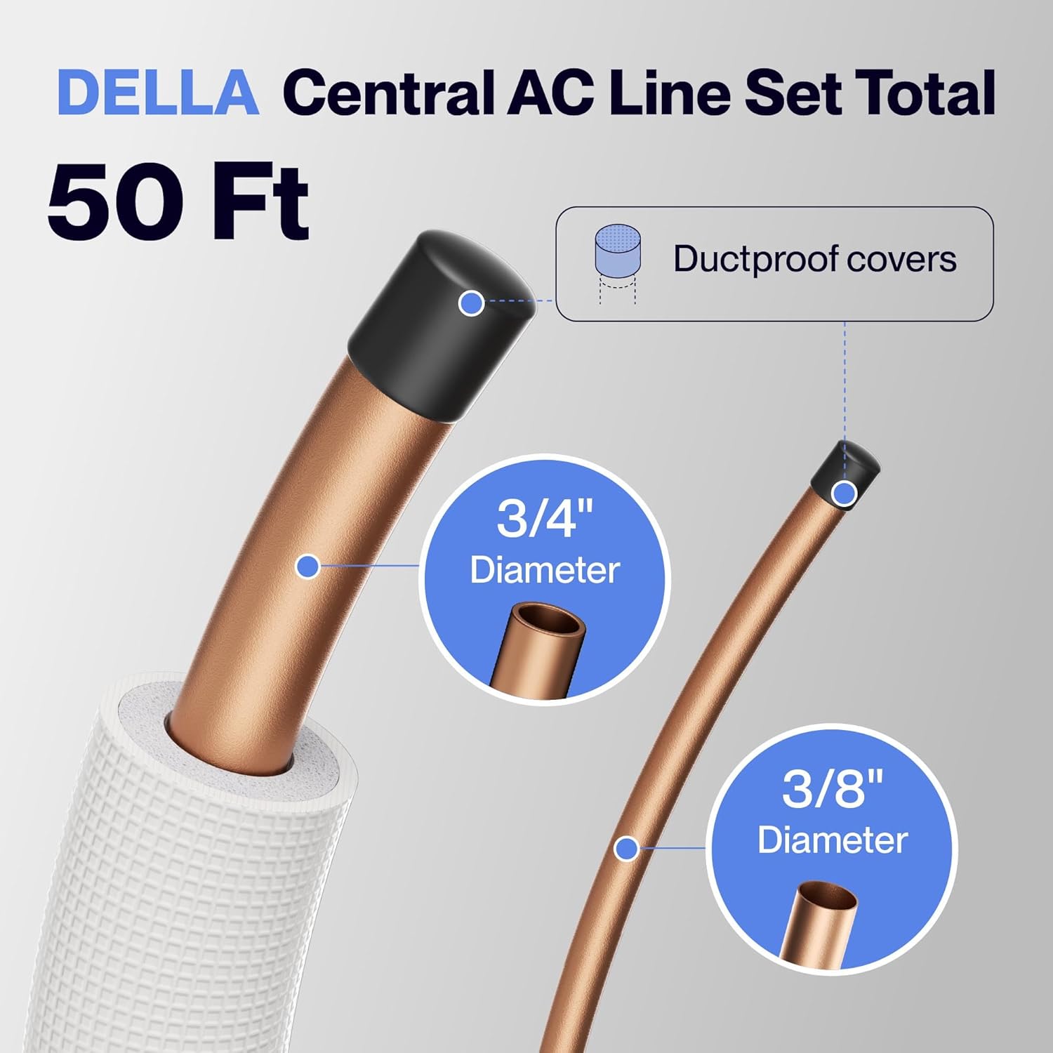 Della 50 Ft Length Central Air Conditioner Line Set, 3/8 & 3/4 O.D. Copper Pipes and 3/8 Thick White XPE Insulated Foam, Compatible with Central AC, Heat Pumps & Other HVAC Systems
