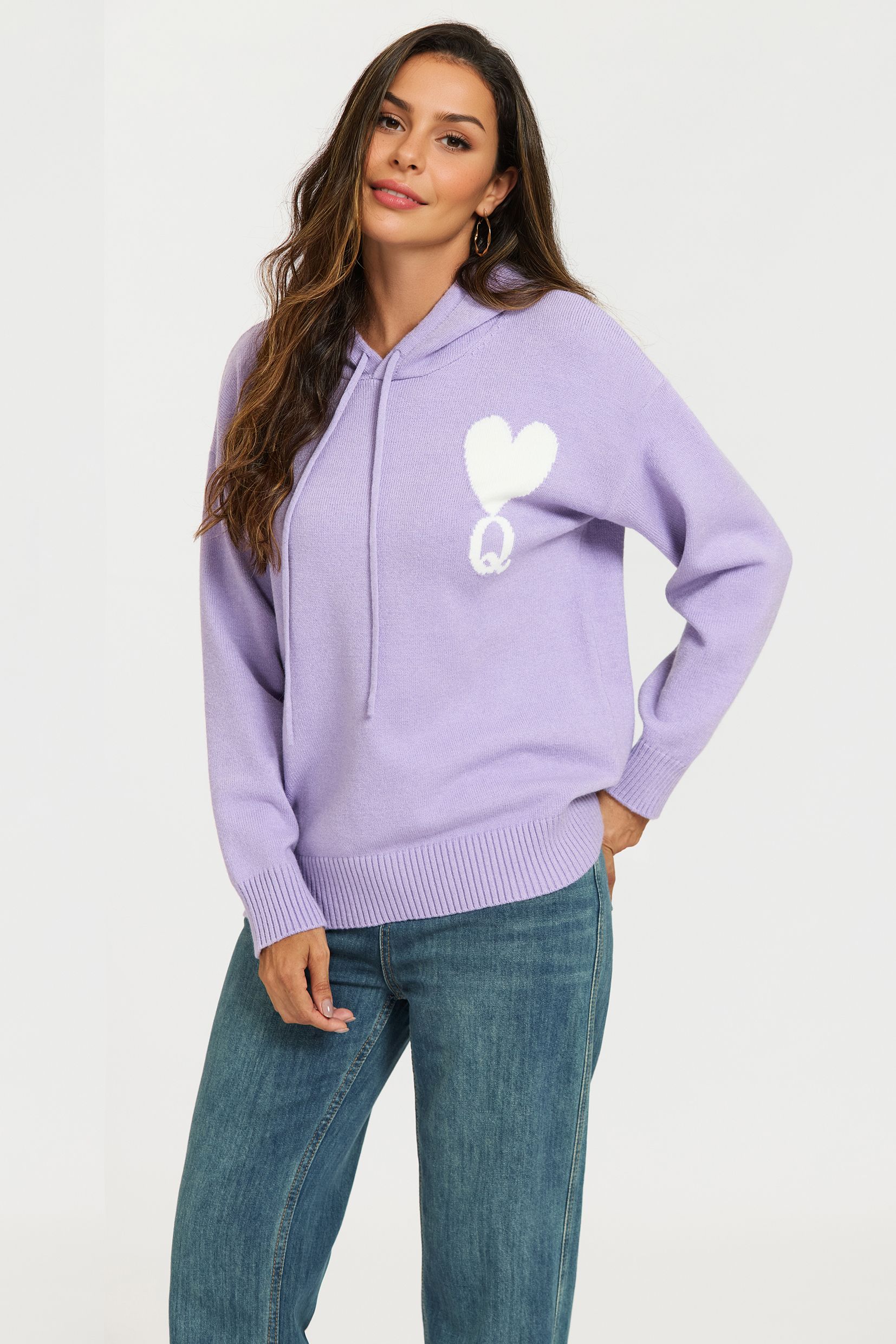 FS Collection Heart & Q Pattern Knitted Hoodie In Purple