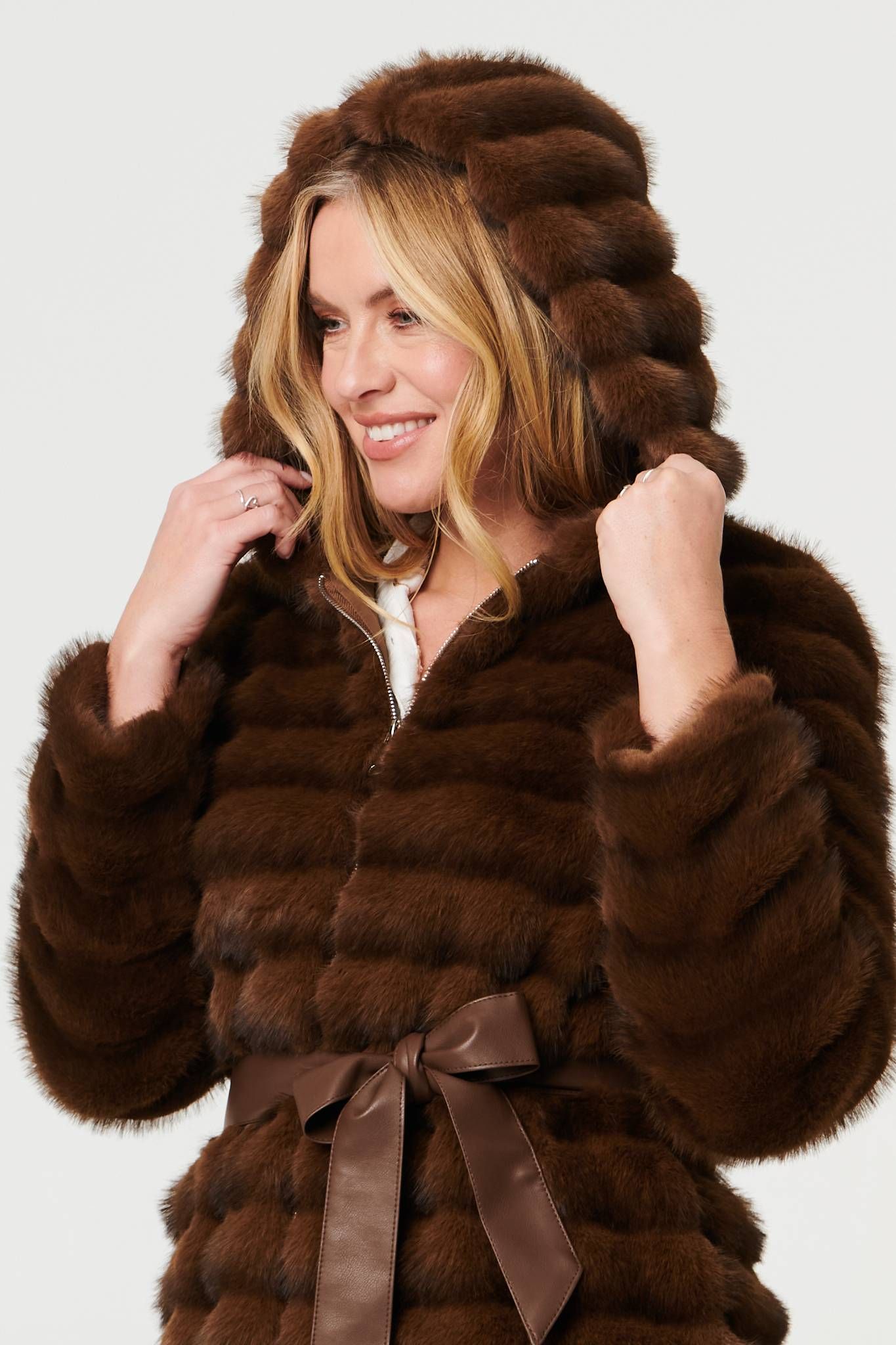 Izabel London Faux Fur Striped Tie Waist Longline Coat