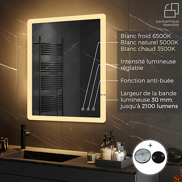 Miroir salle de bain BOLEO 50 x 70 cm LED lumineux 2100 lms anti-buée   réglage intensité &couleur - Saniverre