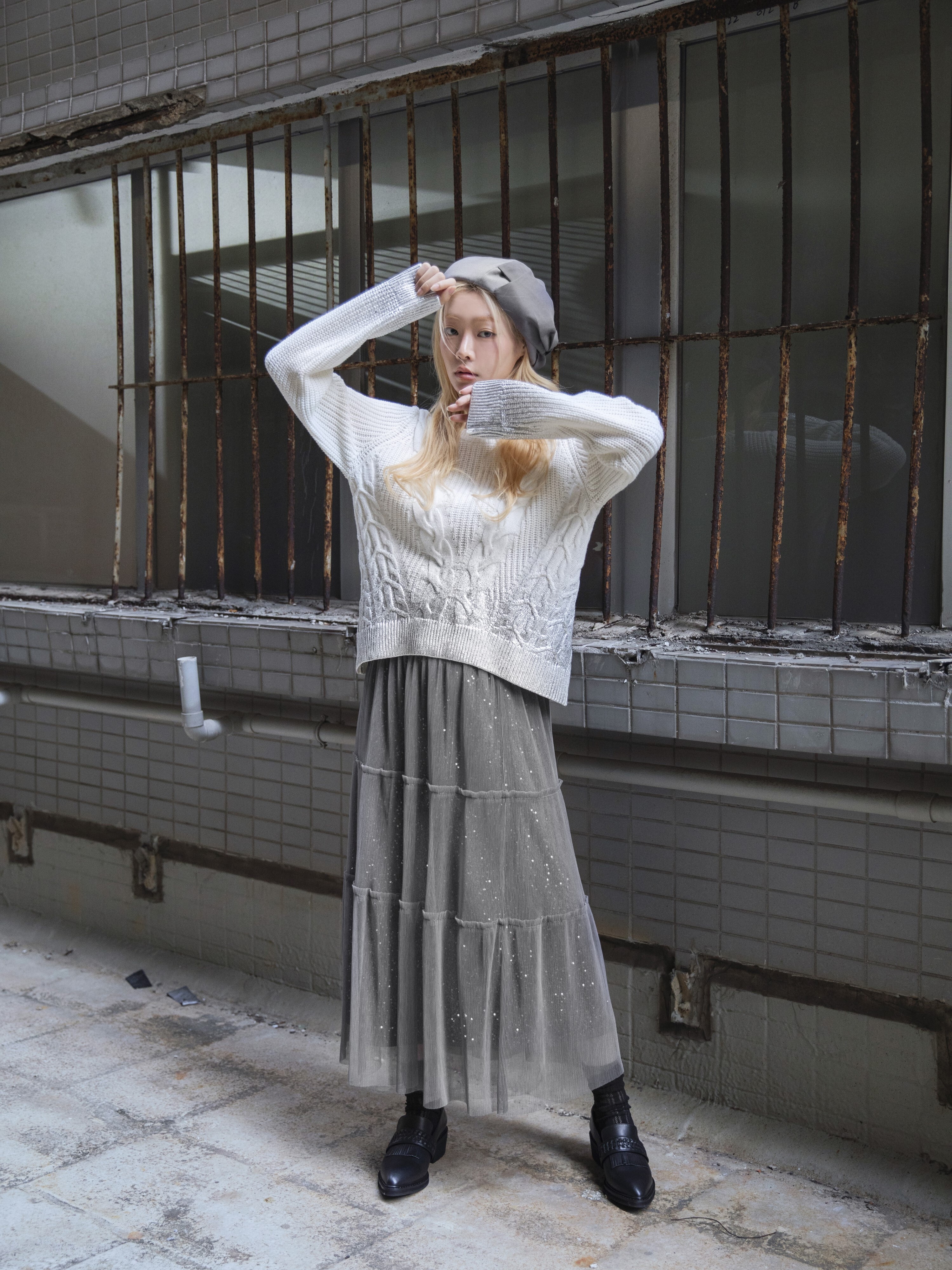 Metallic foil print cable -knit sweater - 25WRT237X