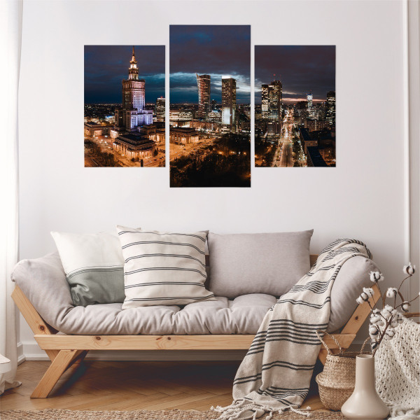 Obraz 3-Częściowy Miasto Nocą WARSZAWA 3D 60x40cm