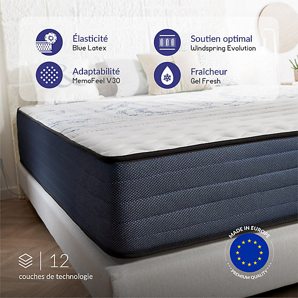Matelas 140x190 ressorts ensachés - épaisseur 30 cm - Réversible - Couchage Indépendant - Blue Latex - 7 zones - Perfect Dream